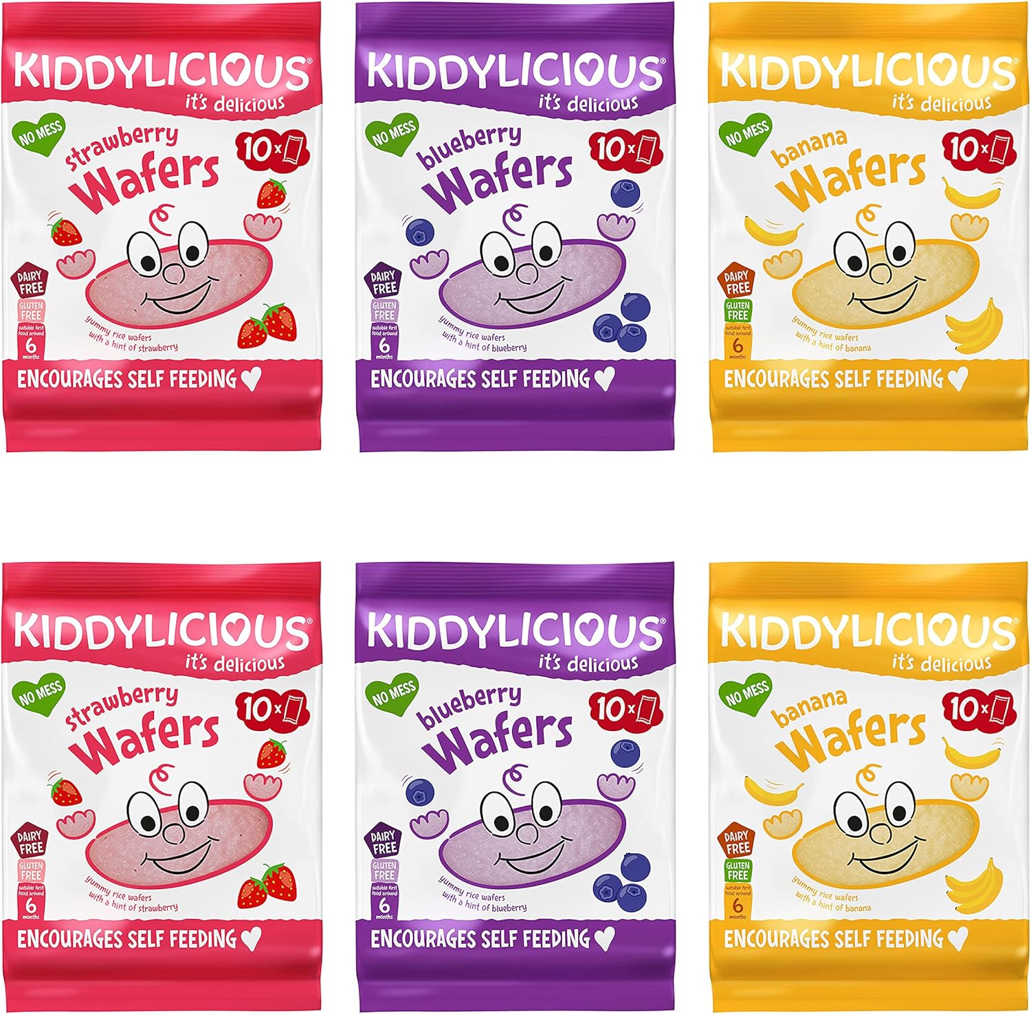 Kiddylicious Blueberry, Banana, Strawberry Wafers Gluten & Dairy Free Kids Snacks Mixed Variety Pack 3 x 20 Twin Packs