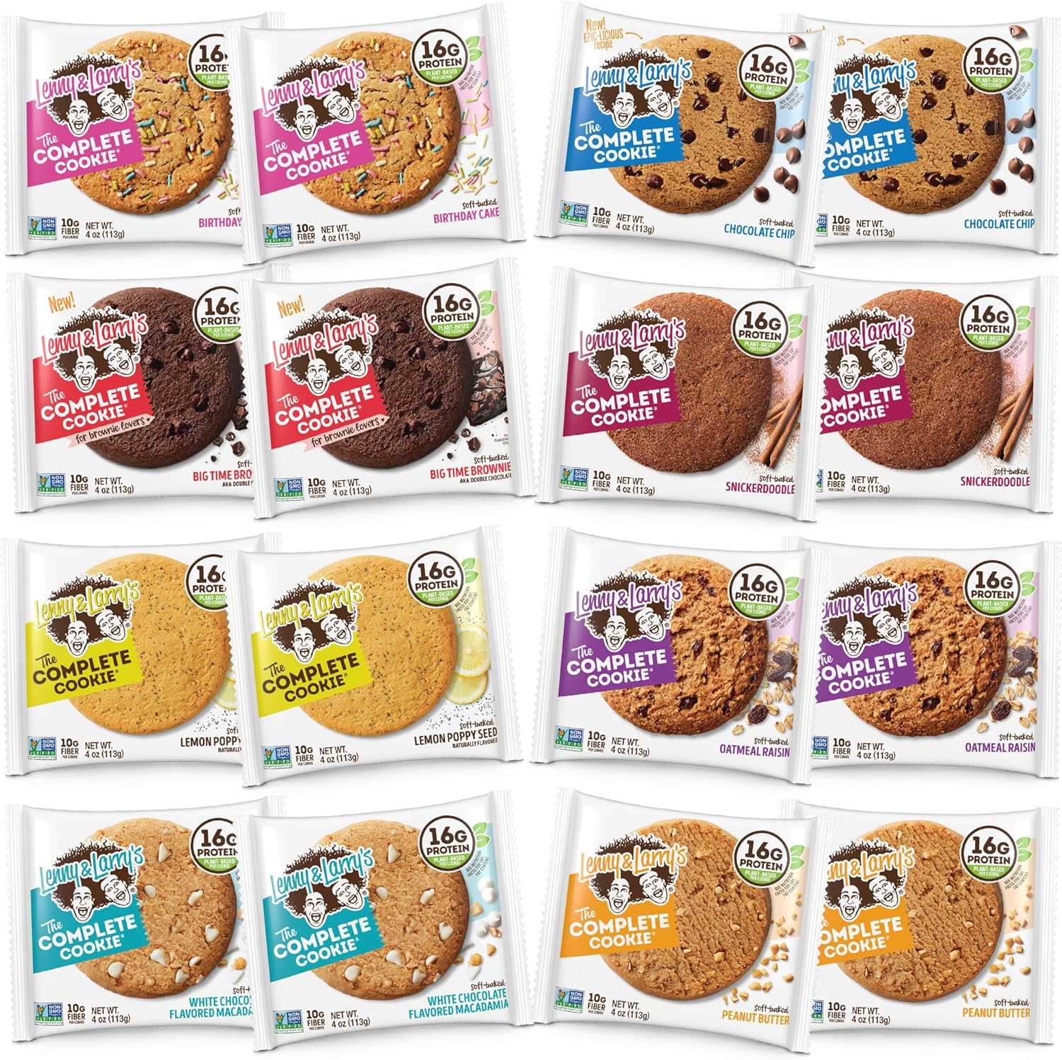 Lenny & Larry's The Complete Cookie, 8 Flavor Variety Pack, Soft Baked, 16g Plant Protein, Vegan, Non-GMO, 4 Ounce Cookie (Pack of 16)