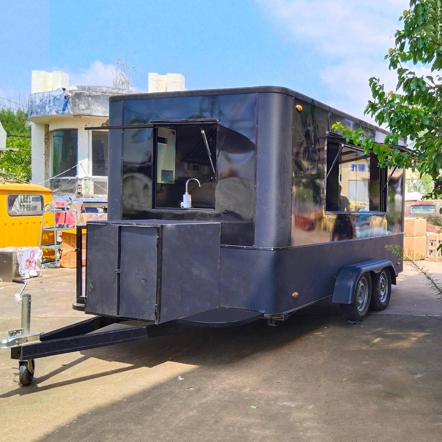 BELYOO 13FT Black Trailer, Black Car Hauler Mobile Street Food Trailer with Concession Window, Outdoor Food Truck Near Me, Enclosed Food Trailer For Sale Donut BBQ &Taco Food Vending Cart