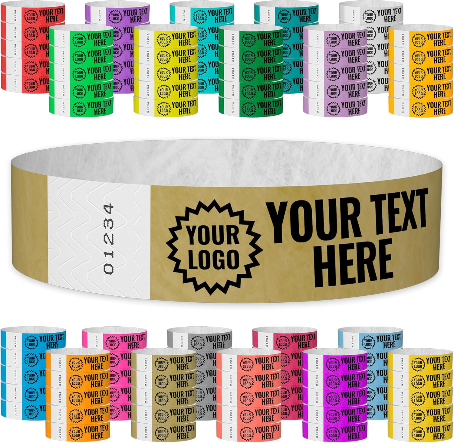 WristCo Gold Custom Print Wristbands - 100+ Count Tyvek ¾” x 10”- Add Any Text Logo and Image & Receive Printed Wrist Band Bracelets for Events Concert Party Festival Security Admission VIP