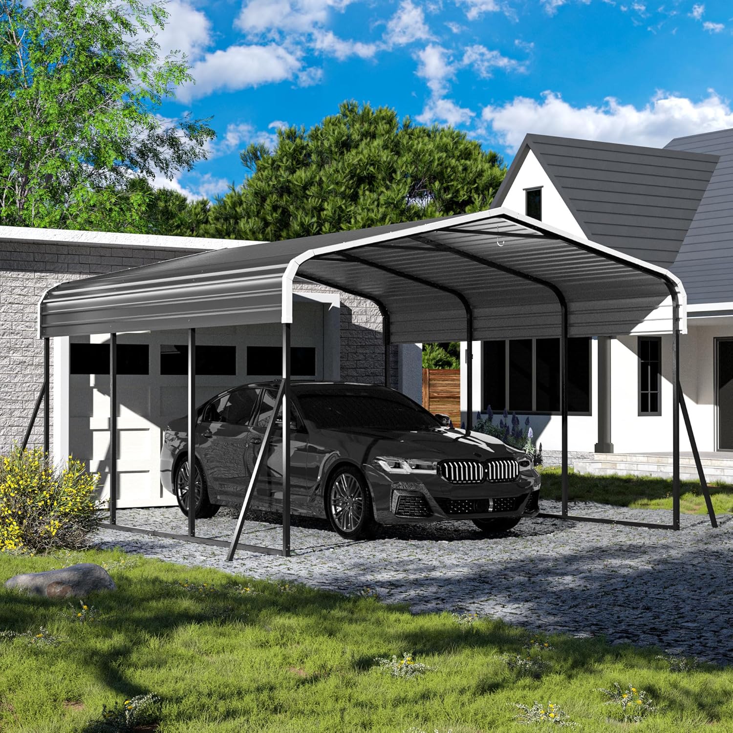 10x15 FT Heavy Duty Metal Carport with Galvanized Steel Frame & Roof, Updated Frame Structure & Enhanced Base, Multi-Use Outdoor Car Shelter for Pickup, Boat, Car & Tractors, Grey