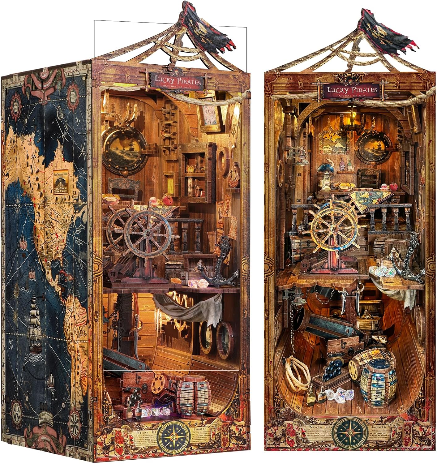 RONSTONE DIY Book Nook Kit - Pirate 3D Wooden Miniature Puzzles with LED Light Dollhouse Model Craft Kits for Adults Bookshelf Insert Decor - Halloween Christmas Birthday Gifts for Adults