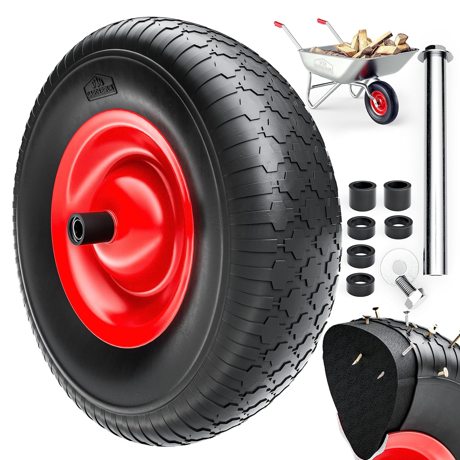 Gardebruk® Replacement Wheelbarrow Wheel | 15' With Solid PU Rubber Tyre | Puncture-Proof | 4.80/4.00-8 | 390mm Diameter 95mm Wide | 200kg Capacity | Spare Tyre | Black Yellow