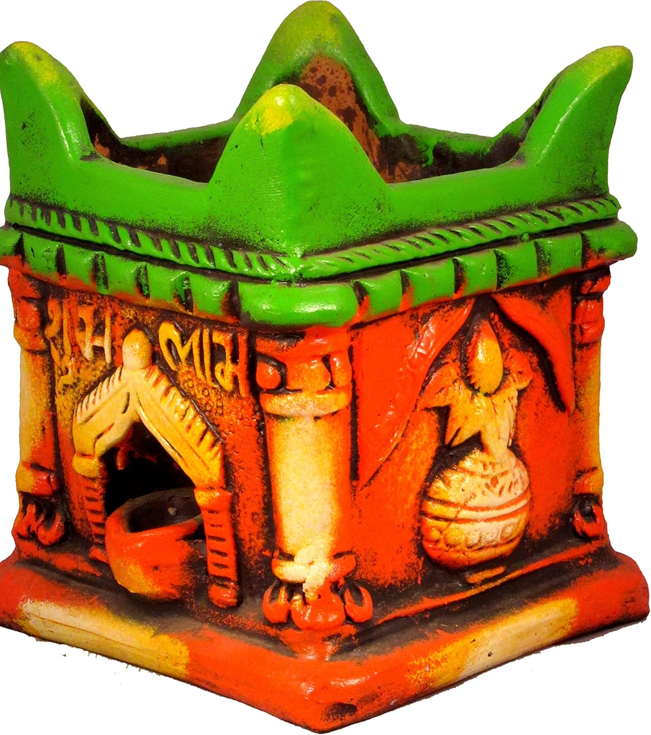 Handmade Tulsi Om Ganesha Design Terracotta/Clay Pot with Built in Oil Lamp (Multicolour, 21 x 15 x 15 cm, 8 inch Height)