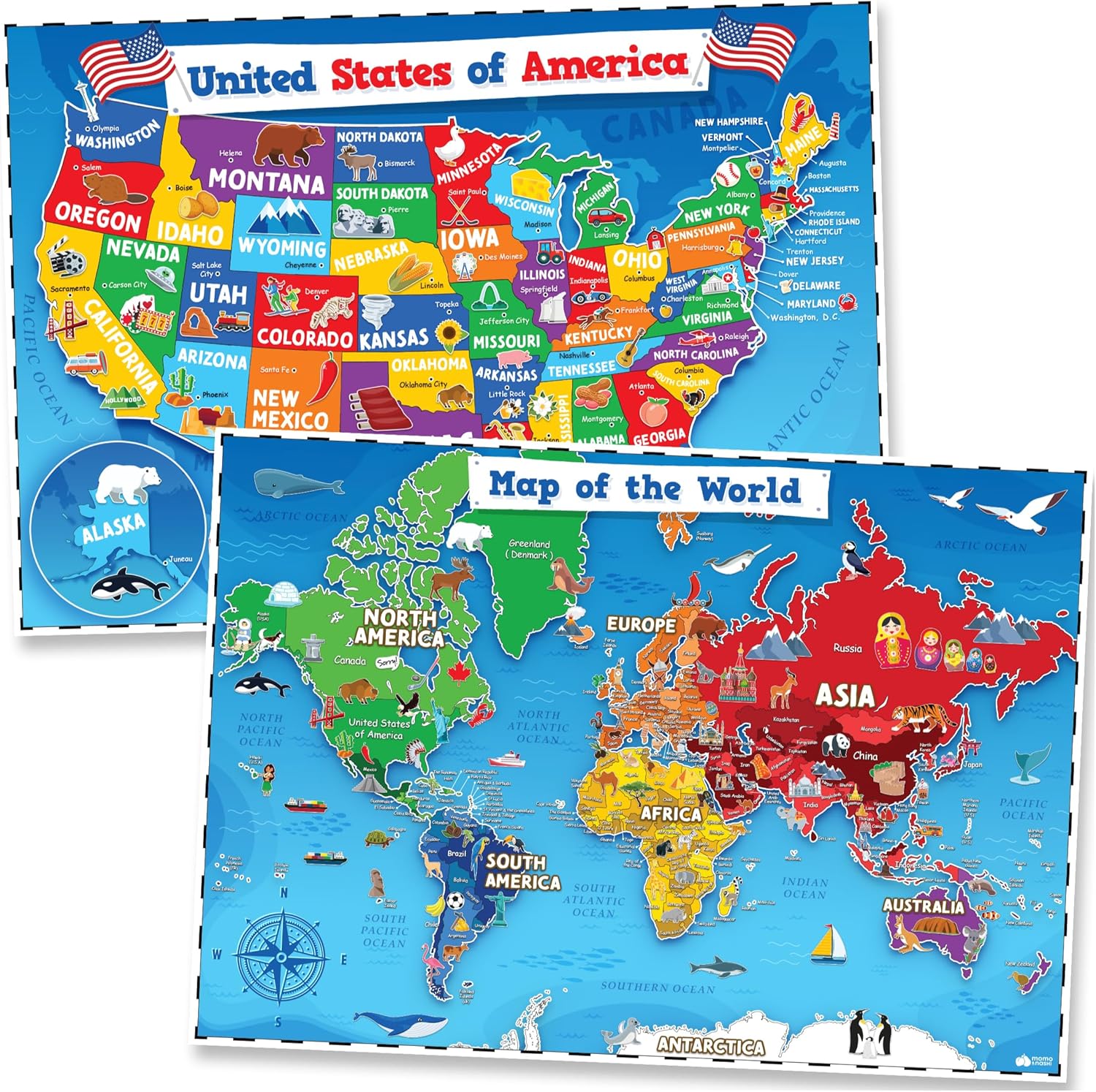 United States & World Map Poster for Kids - 2 Pc - 24 x 16 Inch Waterproof USA & Map of the World Poster - Kids US Maps for Wall Posters for Learning, Classroom, Education, Back to School Resources