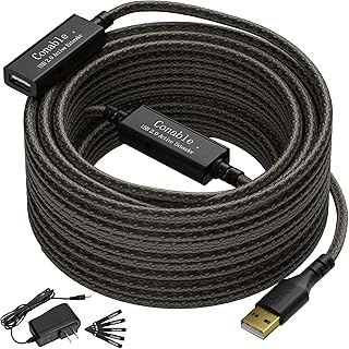 Active USB Extension Cable 100 Feet, 22AWG USB 2.0 A Male to Female Cord (from 2ft to 150ft for Selection), with 2 Extension chipsets Signal Booster, Repeater Cable with an AC Power Supply- 100ft