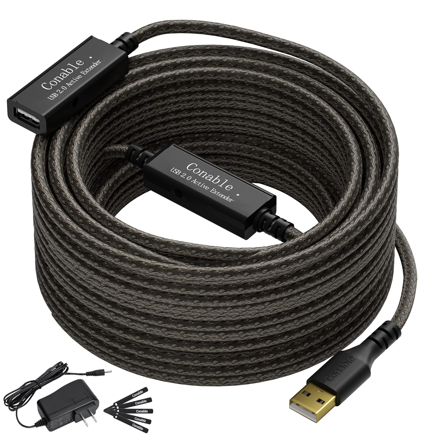 Active USB Extension Cable 100 Feet, 22AWG USB 2.0 A Male to Female Cord (from 2ft to 150ft for Selection), with 2 Extension chipsets Signal Booster, Repeater Cable with an AC Power Supply- 100ft