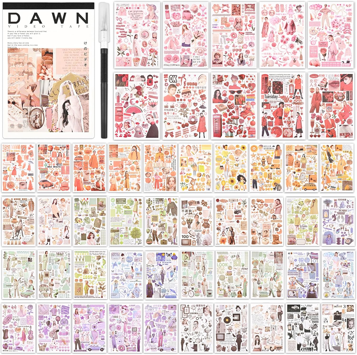 Vintage Washi Stickers for Scrapbooking, Scrapbook Stickers for Junk Journals, 50 Sheets Aesthetic Sticker Book for Journaling Supplies,Art Bullet Journals for Adults Teens Girls with 1pcs Carving