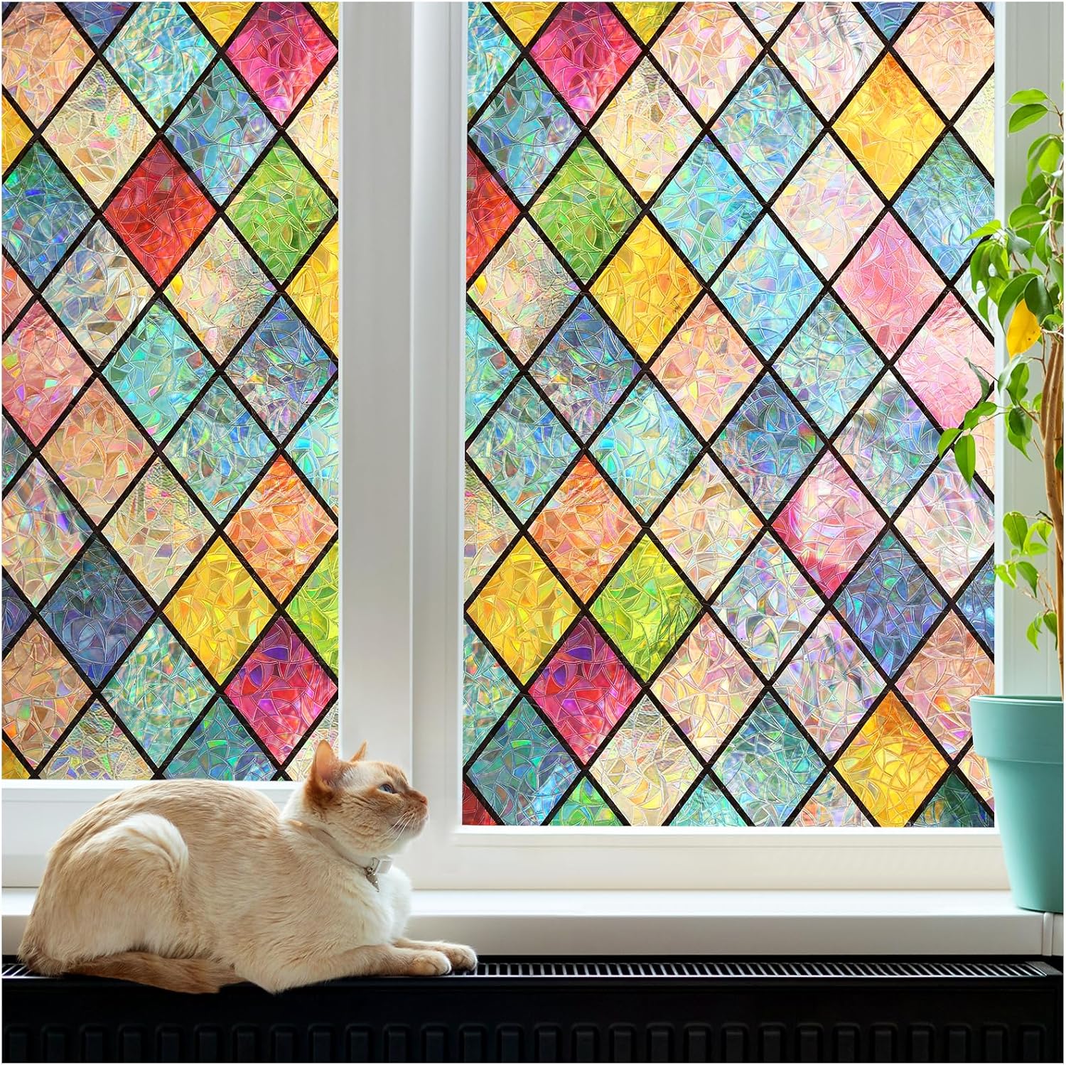 rabbitgoo Stained Glass Window Film Privacy Film for Glass Windows Static Cling, Rainbow Stickers UV Glare Blocking, Decorative Coverings Decals Lattice for Home, Multicolor, 44.5x200 cm