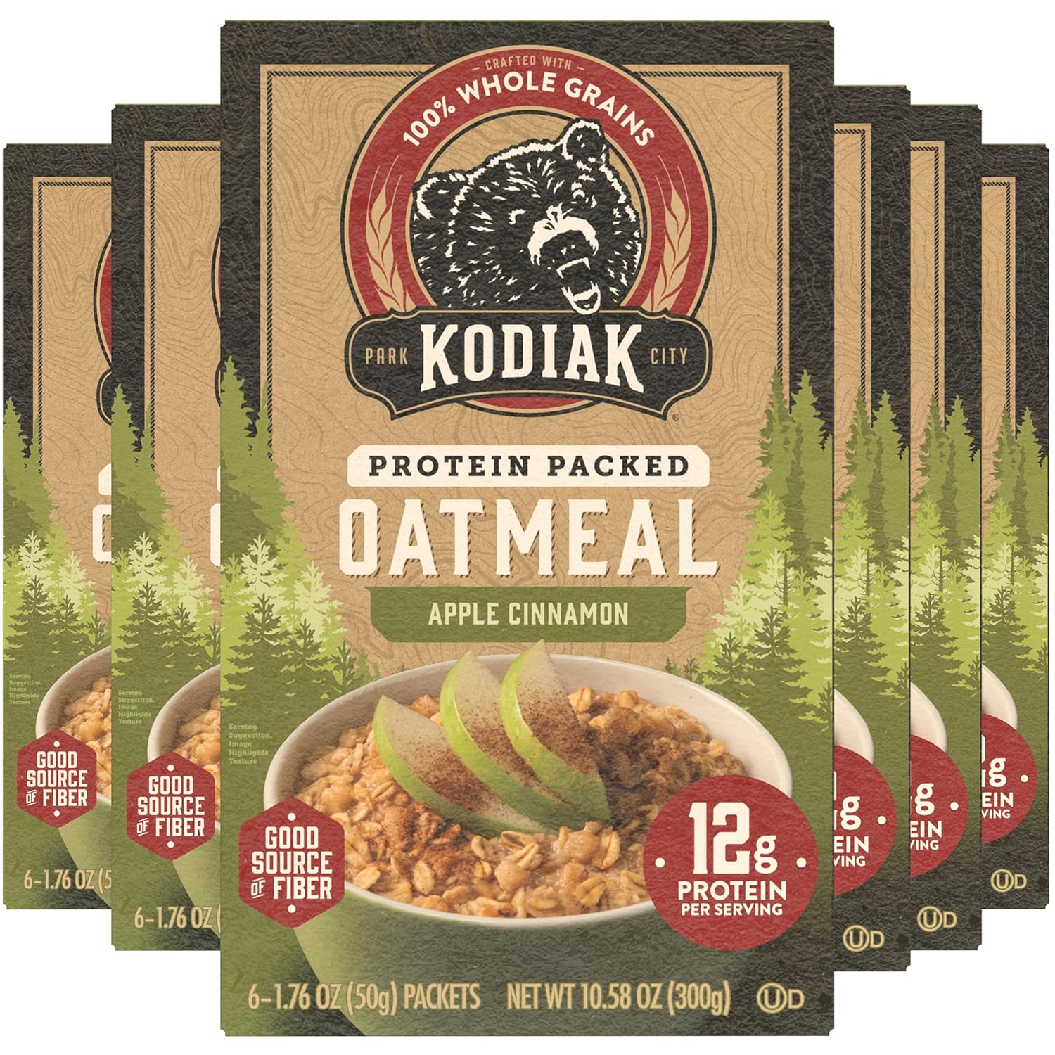 Kodiak Cakes Instant Oatmeal Packets, Apple Cinnamon, High Protein, 100% Whole Grains, 6 boxes with 6 packets each (36 packets)