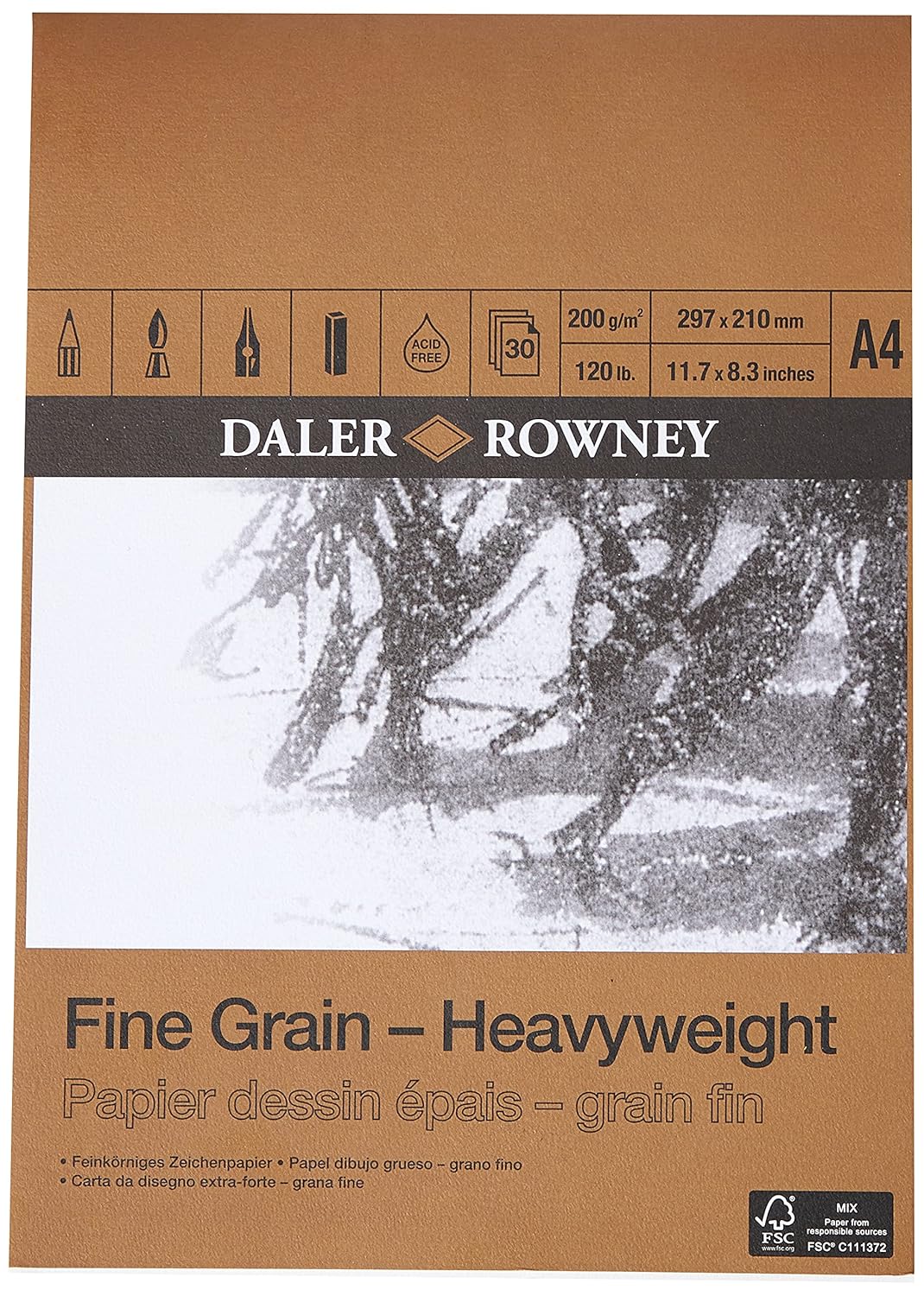 Daler-Rowney Fine Grain Lightly Textured Heavyweight 200gsm A4 Drawing Paper Pad, Glued 1 Side, Acid-free, 30 White Sheets, For Professional Artists & Students