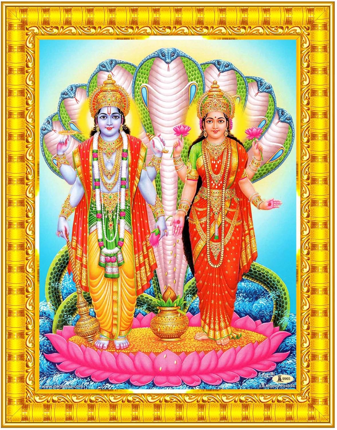 Pavan Photo Laminations Lord Vishnu Dev Lakshmi Devi Laxmi Narayan Ji Wall Painting Framed Home Decor (Wood,Matte,Gold,Small Size,6 x 8 Inch) R582S