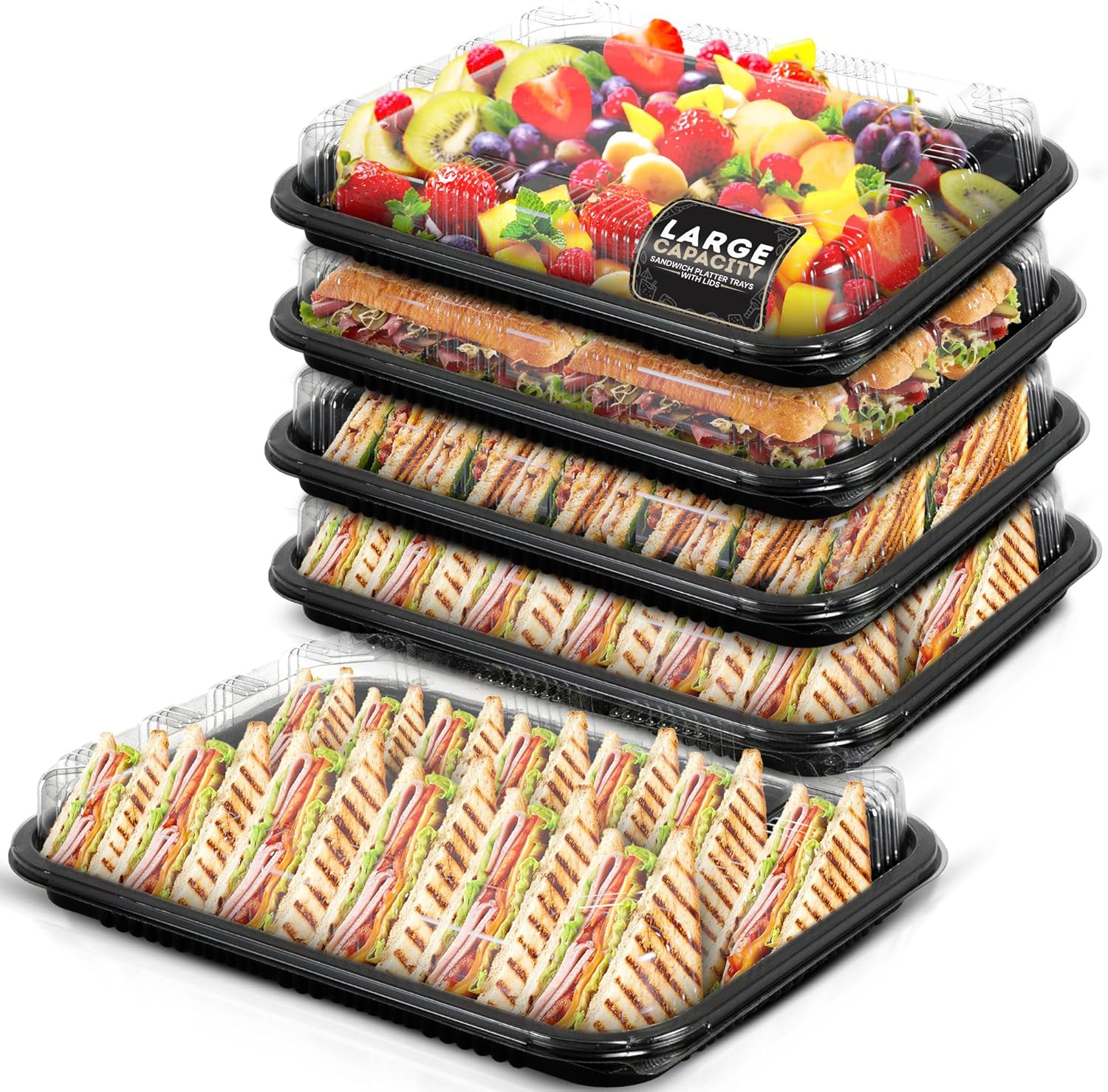 Coselena 10 Pack Sandwich Platter Trays with Lids - Washable Serving Platters for Everyday Use & Catering with Sticker Labels - Ideal Food Storage Containers for Sushi, Party Food, and Sandwiches