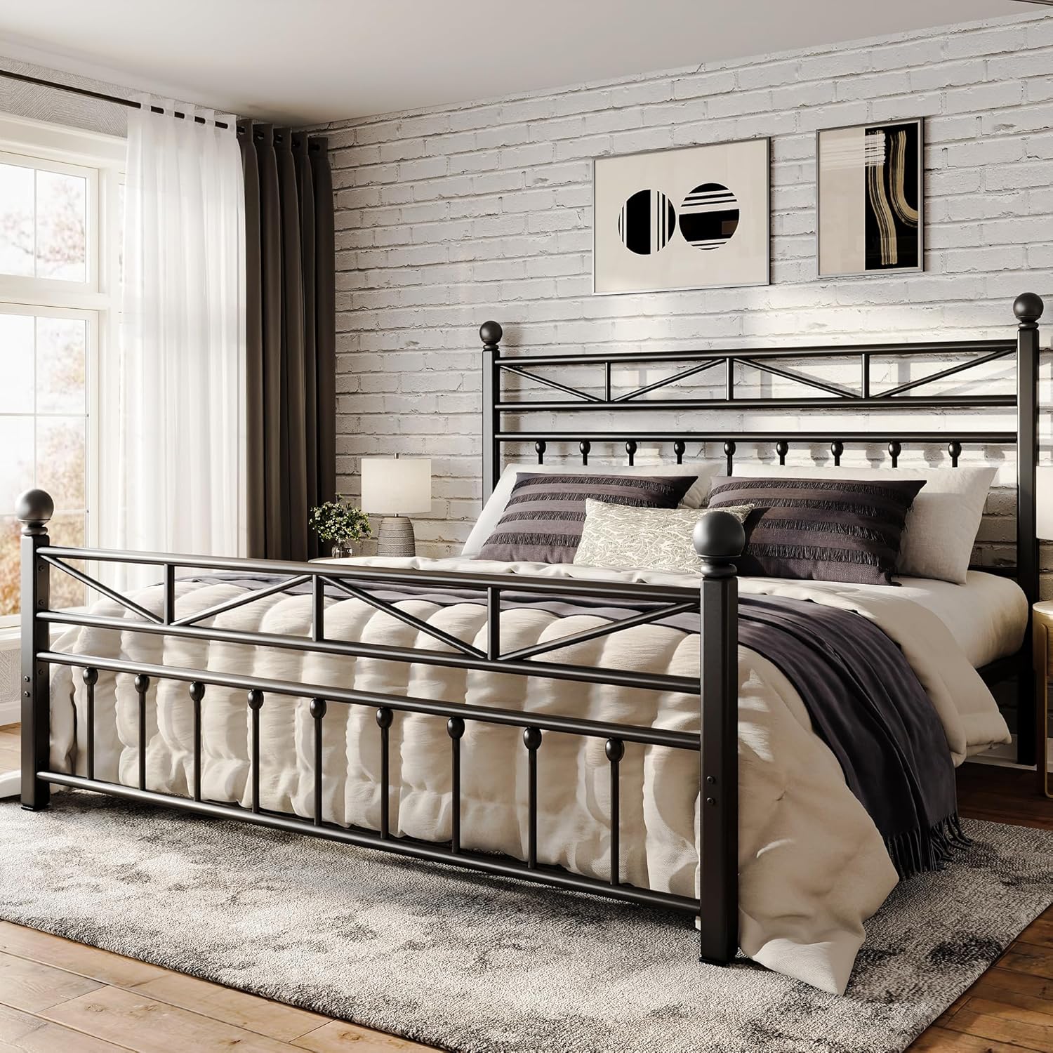 EnHomee 54" Metal King Bed Frame with Tall Headboard & Footboard, LED Light King Bed Frame, Strong Metal Slats Support and Noise-Free Design with Under Bed Storage/No Box Spring Needed/Black