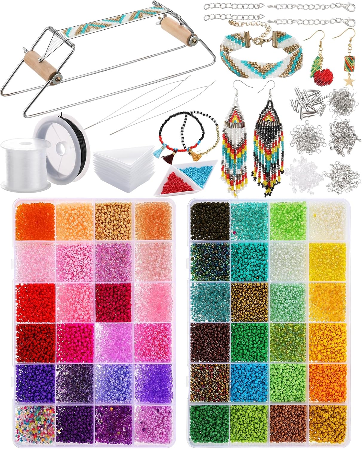 Jexine Bead Loom Kit for Adults 24000 Pcs Beading Loom Supplies with 48 Color 2 mm Glass Seed Bead Bracelets Christmas Jewelry Earring Making Tools Gifts for Girls DIY Craft