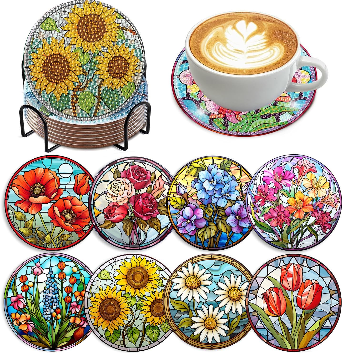 8 PCS Flowers Diamond Art Coasters Kits, Diamond Painting Coasters with Holder Set of 8, DIY Drink Coasters Art Crafts Supplies for Adults Cup Mat for Home Decor House Warming Gifts Non-Slip 3.9inch