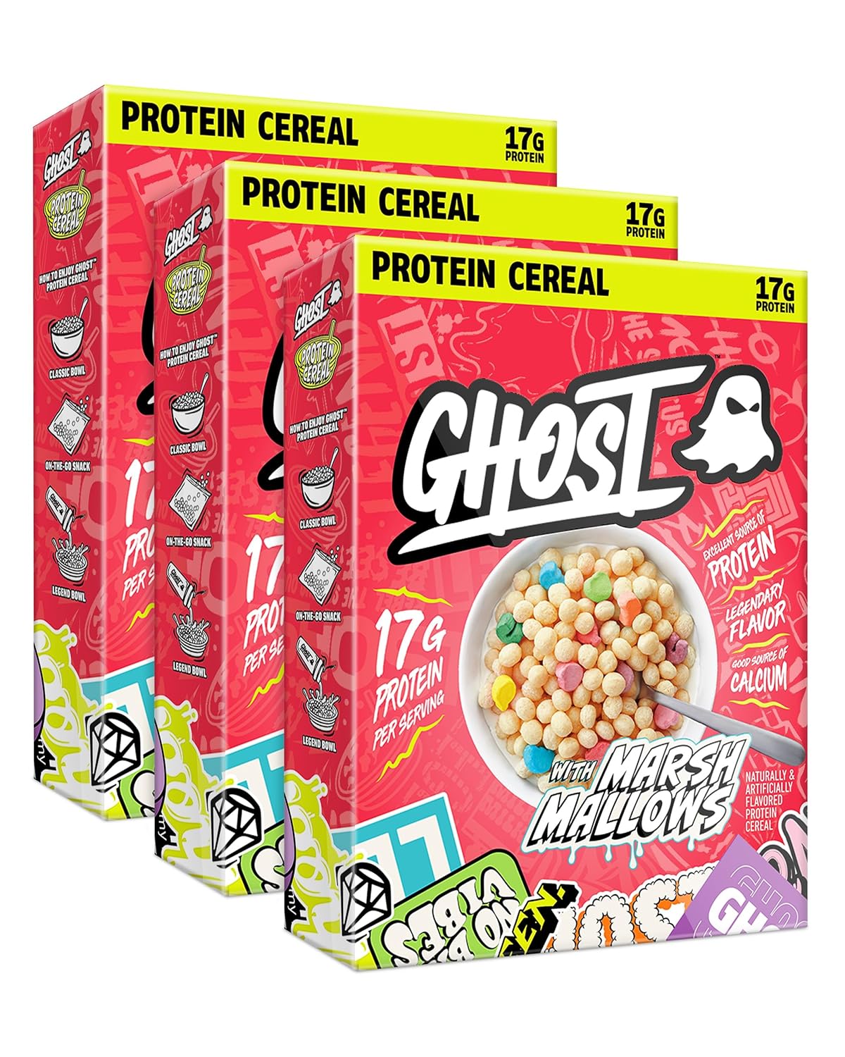 GHOST Protein Cereal, Marshmallows (3-Pack) - Contains Lucky Charms Marshmallows - 17G Protein, Good Source of Calcium - Breakfast Cereal & Snack - 9.4oz Box