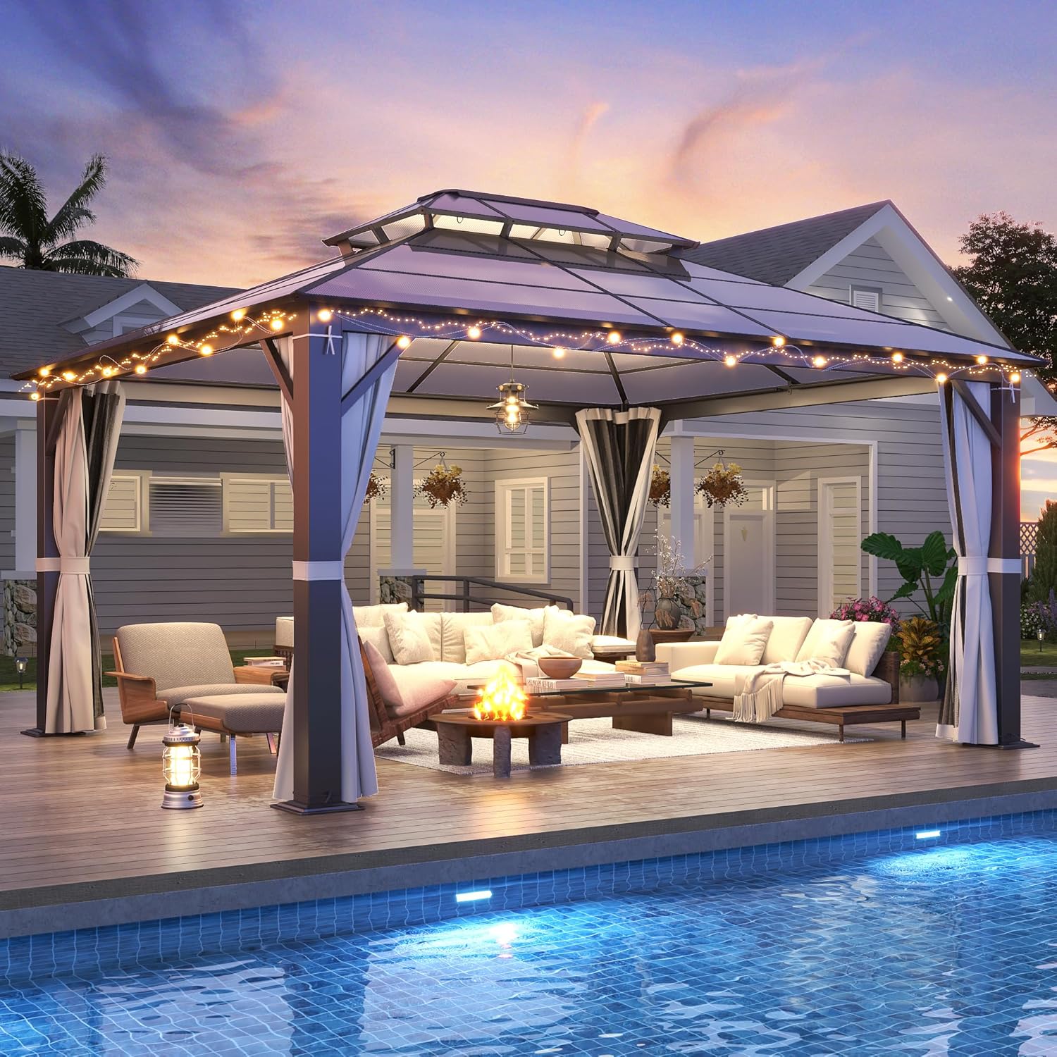 12x14FT Polycarbonate Hardtop Gazebo with Double Roof - Heavy-Duty Steel Frame Gazebo with Breathable Netting & Privacy Curtain for Patio, Porch, Garden, Lawn, Deck, Backyard