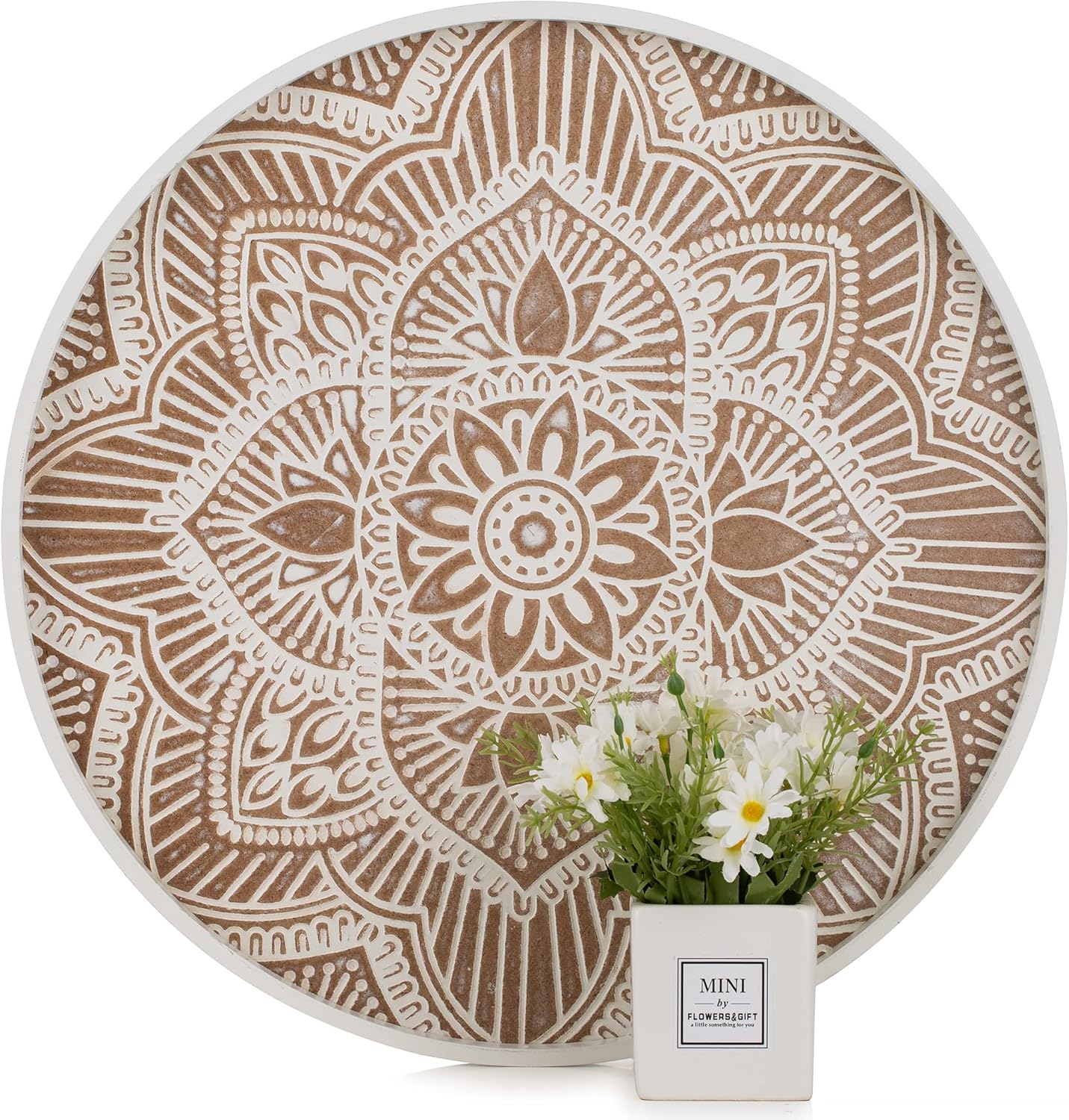 Hanobe Large Round Decorative Tray: Boho Coffee Table Trays Centerpiece for Home Decor - Farmhouse White Washed Rustic Serving for Women Kitchen Counter Ottoman