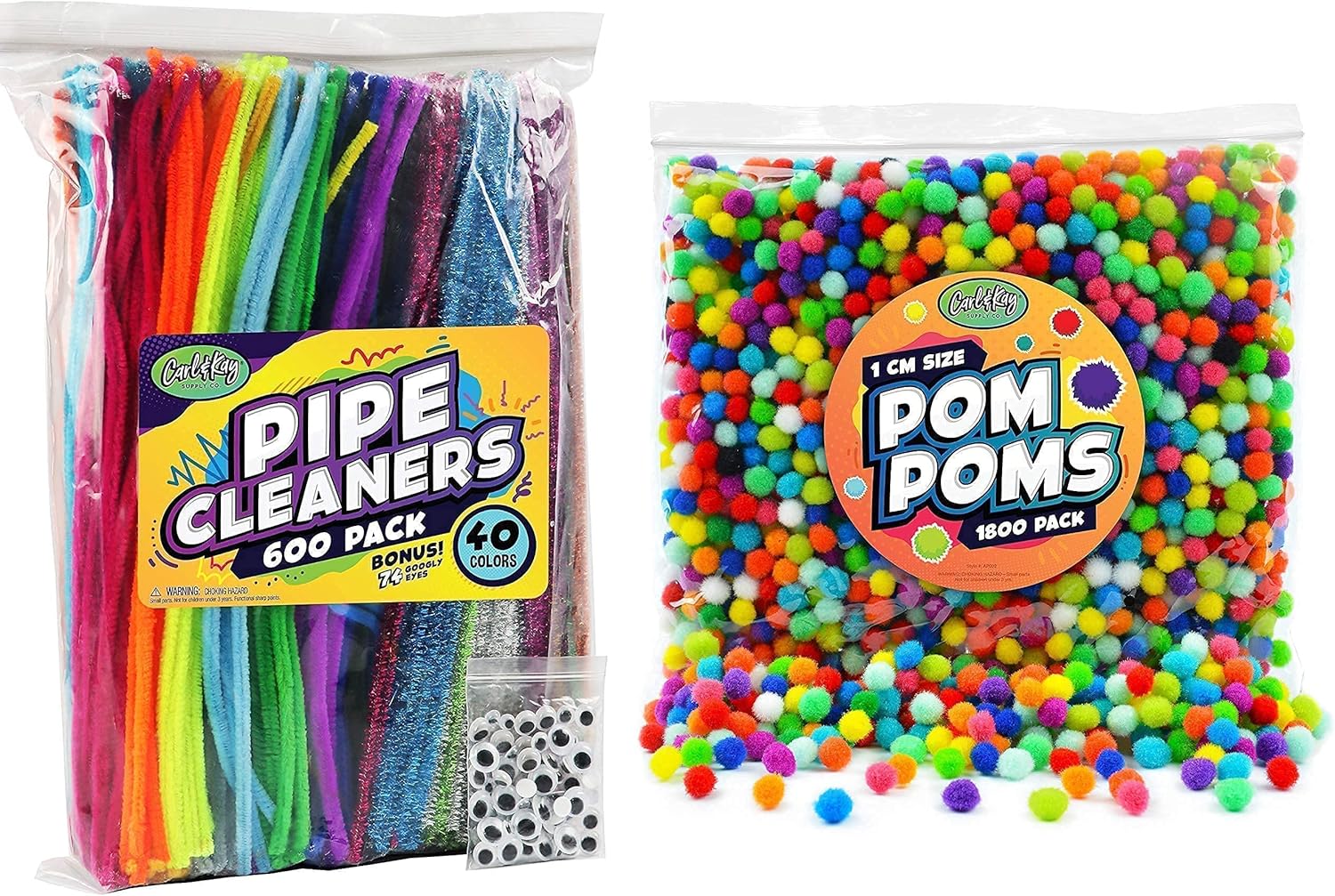 Carl & Kay 1800 Pom Poms 1 cm & 600 Pipe Cleaners with 74 Googly Eyes