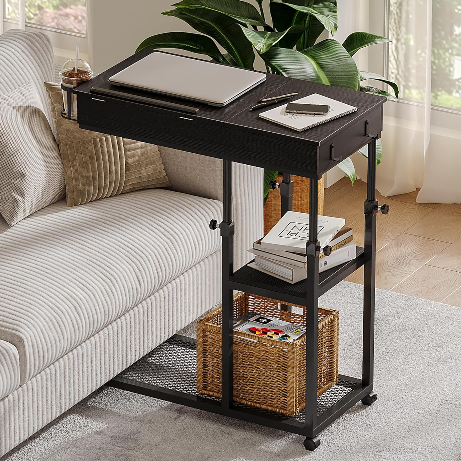 ChooChoo Overbed Table Adjustable Height, Mobile Laptop C Shaped Rolling Desk, Bedroom Living Room Couch Table Black