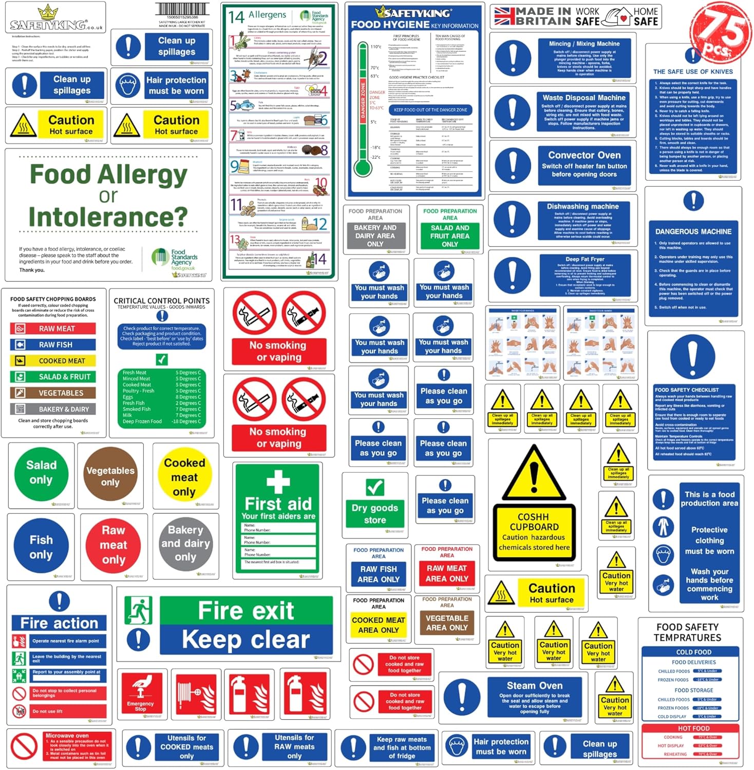 SAFETYKING® 75pcs Kitchen Safety Signs & Food Hygiene Stickers | Self-Adhesive Vinyl Safety Labels for Kitchens | HACCP Compliant, Made in the UK.
