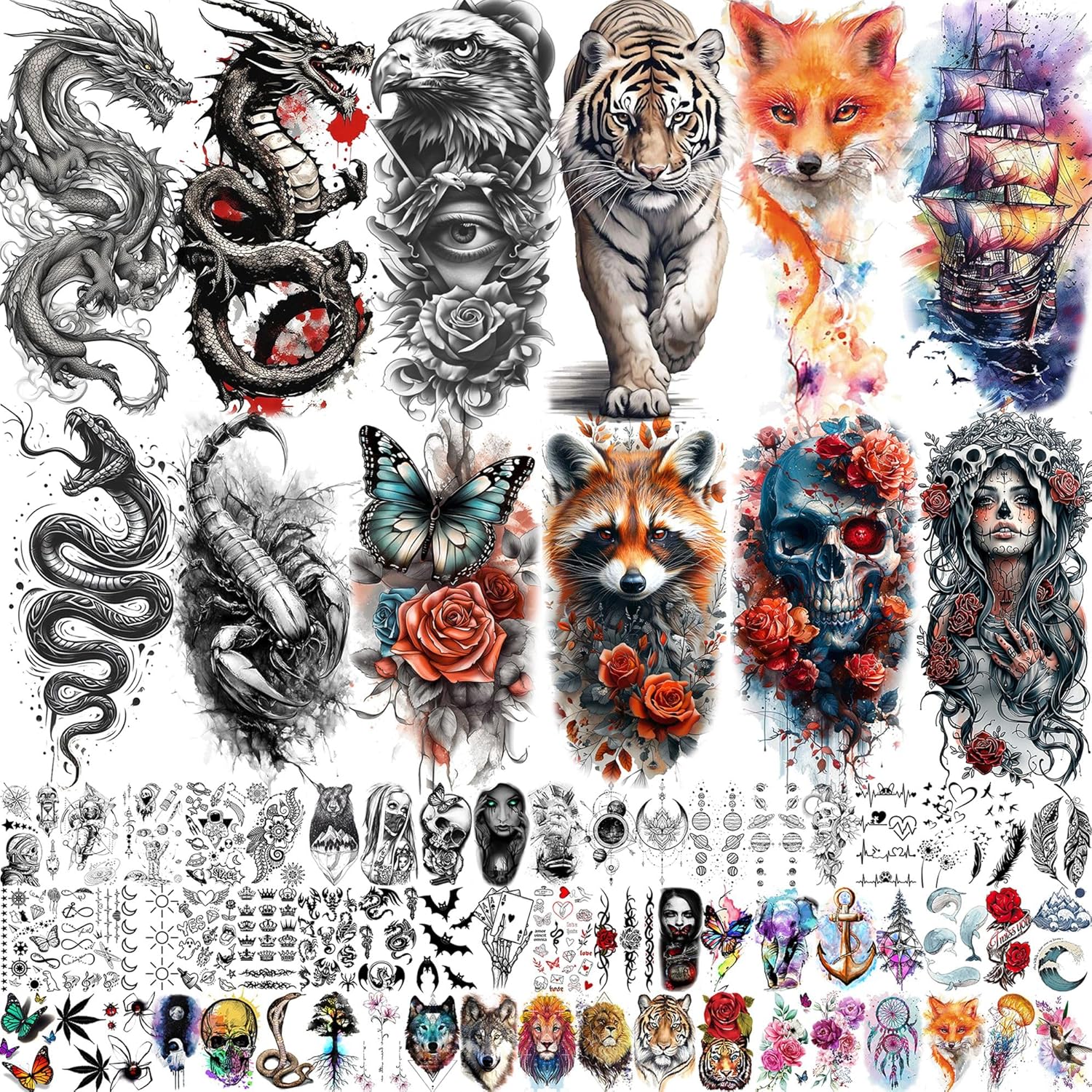 70 Sheets Realistic Dragon Temporary Tattoos For Men Women Adults, Watercolor Wolf Skull Phoenix Ship Half Arm Sleeve Fake Tattoo Stickers Eagle, Halloween 3D Temp Bulk Tiger Snake Fox Tattoo Scorpion