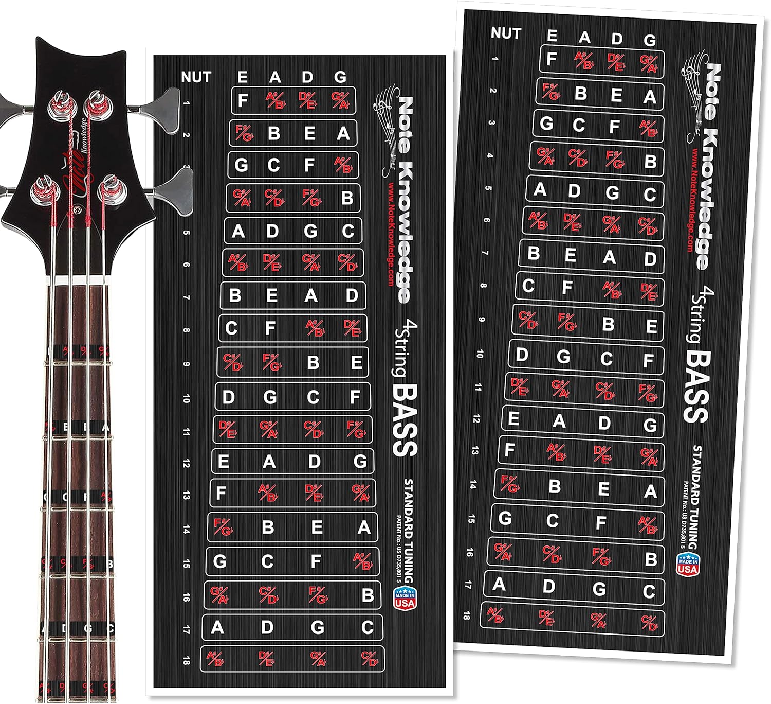 Bass Guitar Fretboard Note Map Decals/Stickers for Learning Notes, Chords & Scales.