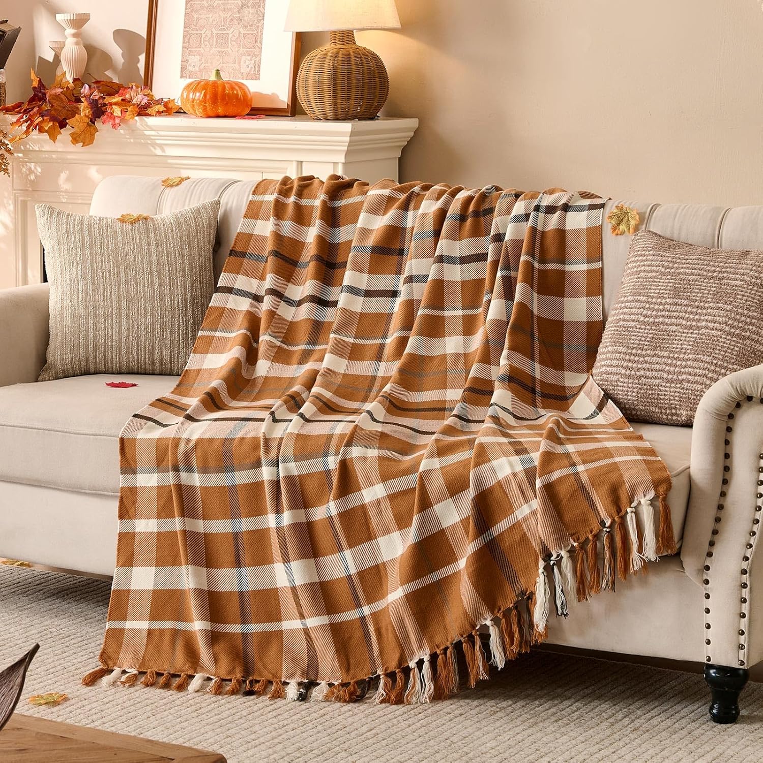 Lanpn Fall Plaid Throw Blanket, Cozy Soft Checked Blankets for Couch Sofa Bed, Decorative Acrylic Throws with Fringe, Picnic Cashmere Like Shawl, Autumn Thanksgiving Home Decor Gift, 130x150, Khaki
