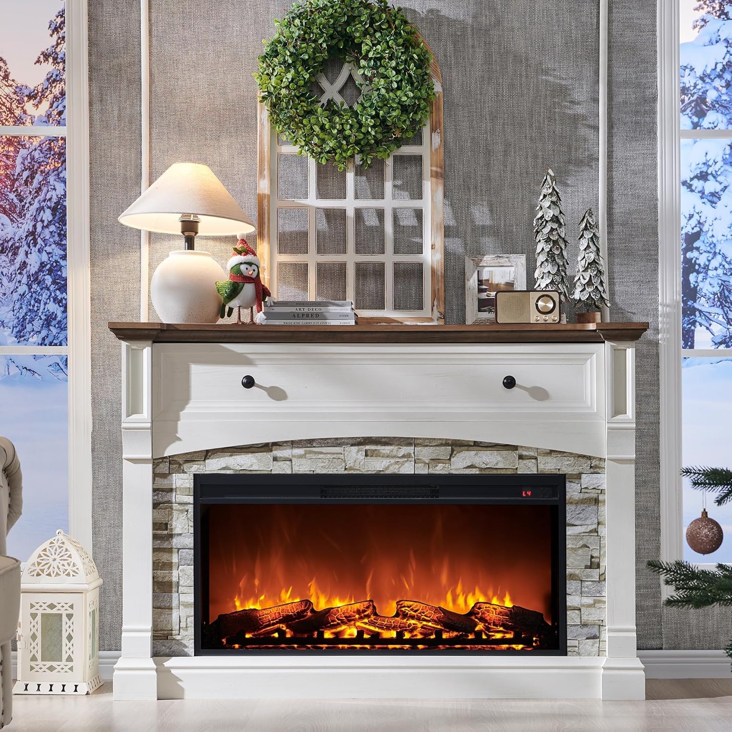 OKD 52" Farmhouse Electric Fireplace with Mantel, Tall Fireplace TV Stand w/Sime-Open Cubby, 36" Freestanding Electric Fireplace Heater,Remote Control, Adjustable 3D Realistic Flame