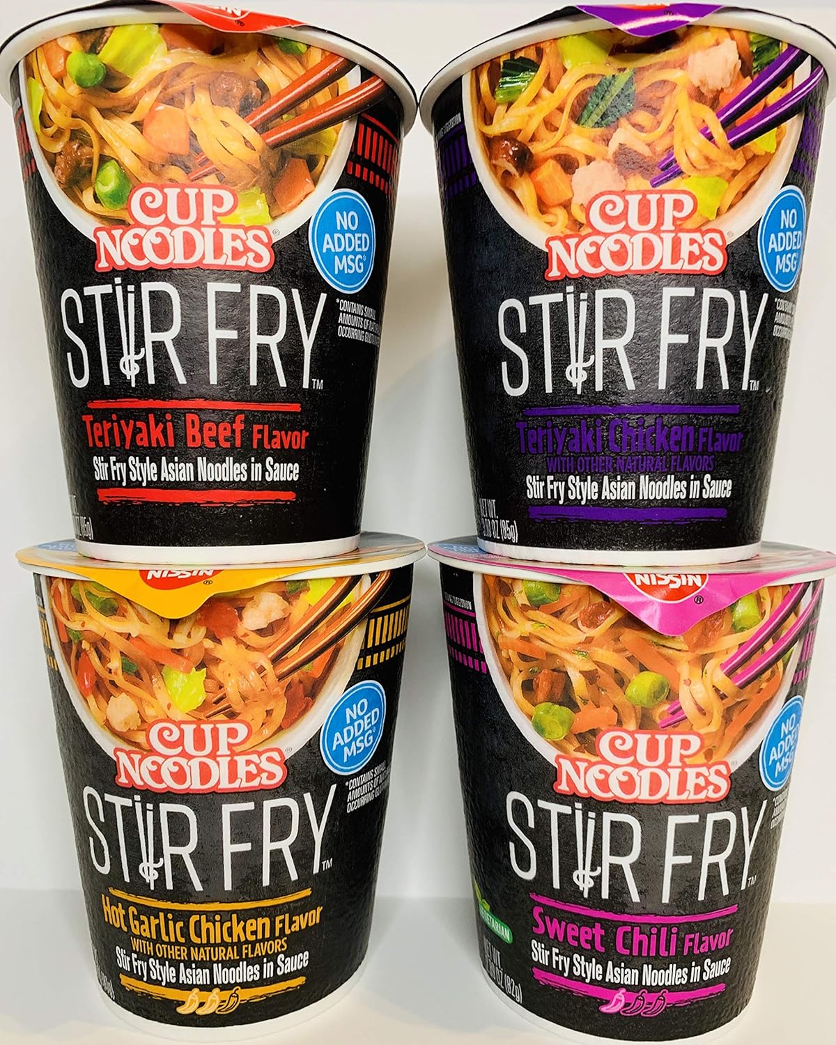 Nissin Cup Noodles Stir Fry Variety 4 Pack: Teriyaki Beef, Teriyaki Chicken, Hot Garlic Chicken, Sweet Chili