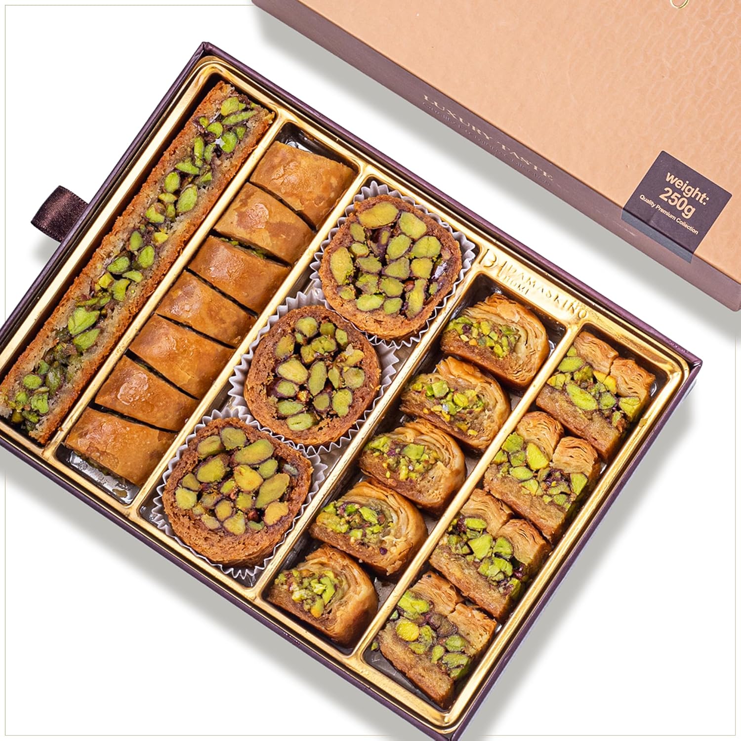 Damaskino Home Assorted Baklava & Kunefe Gift Box 10oz - 25 Pieces of Turkish Baklava Pistachio & Kunefe Pastries – Authentic Middle Eastern Sweets Made with Phyllo Dough and Katafi Shredded Pastry