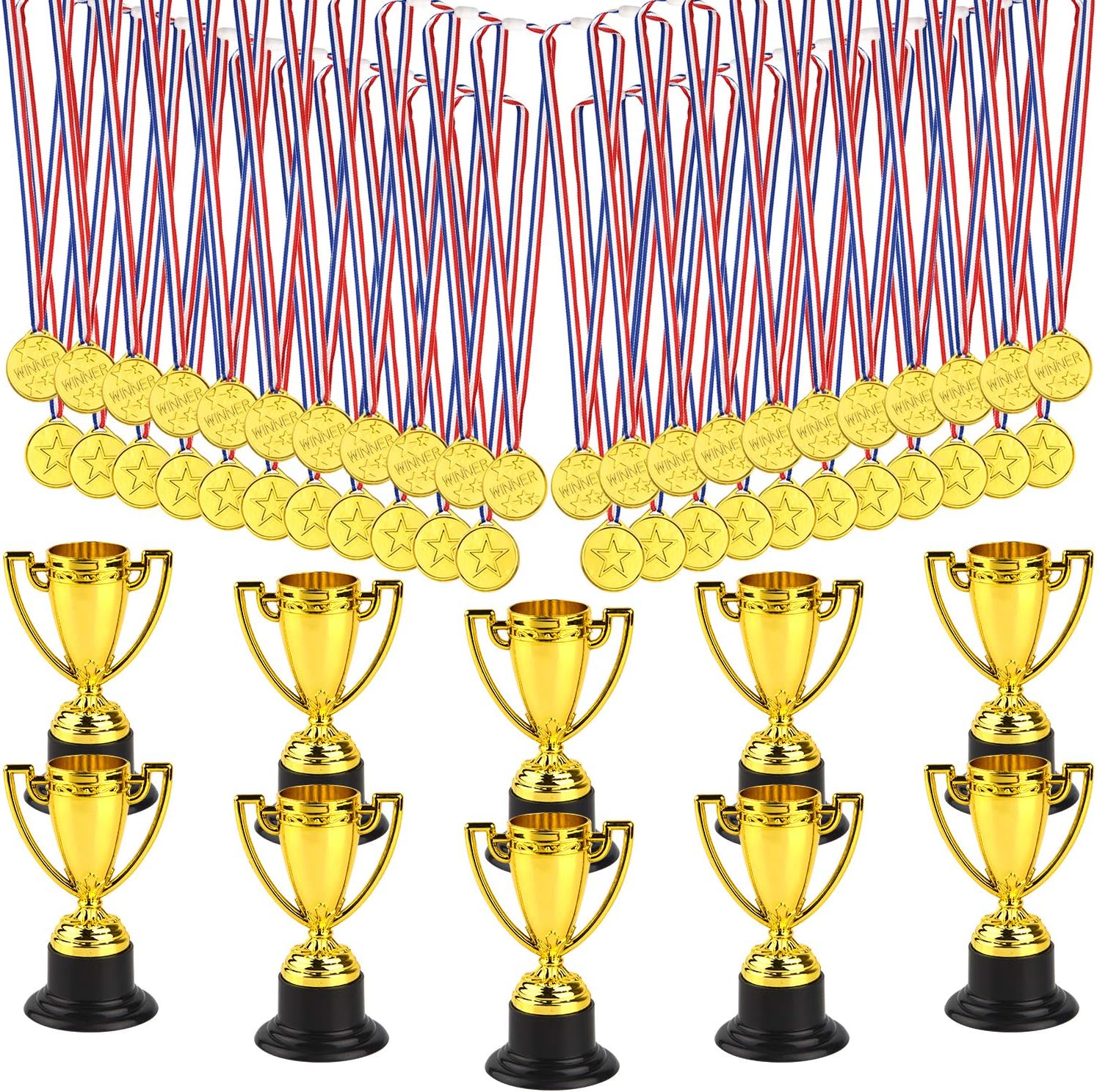 FEPITO 50 Pcs Trophies Medals Set,10 Pcs Gold Plastic Trophy Cup and 40 Pcs Winner Gold Medals for Kid Party Sports Awards