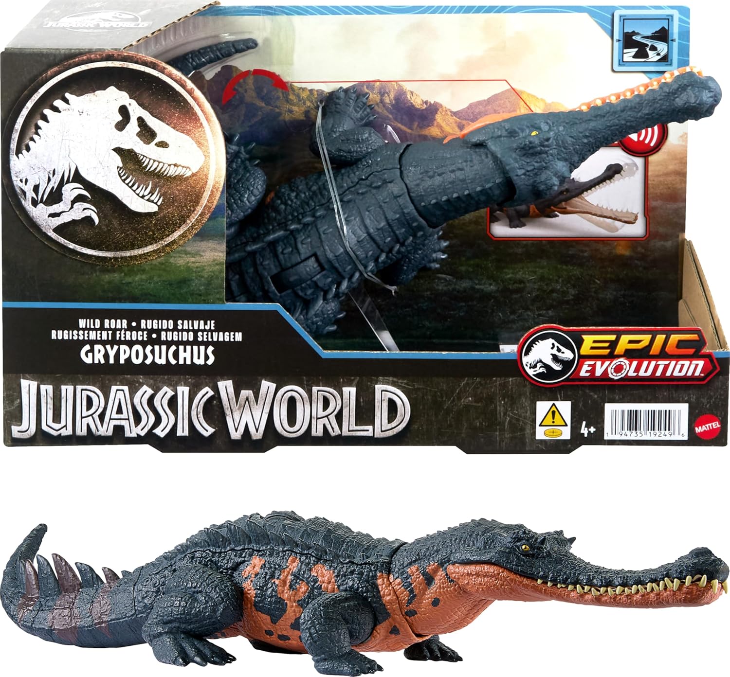 Mattel Jurassic World Wild Roar Dinosaur Toy with Sound & Attack Move, Gryposuchus Posable Action Figure Includes Digital Play, 11 inches Long