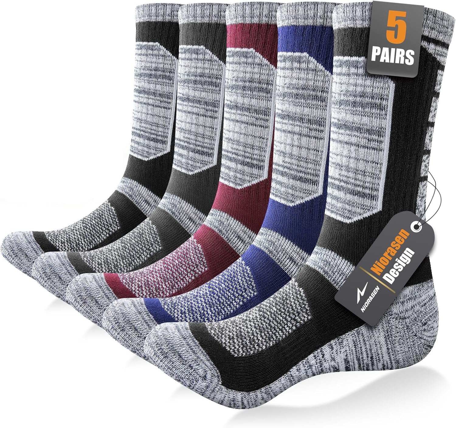 Niorasen Full Cushion Mens Work Socks, Cotton Thermal Socks for Men, 5 Pairs Thick Padded Mens Crew Walking Socks for Outdoor Sport Hiking Running Climbing