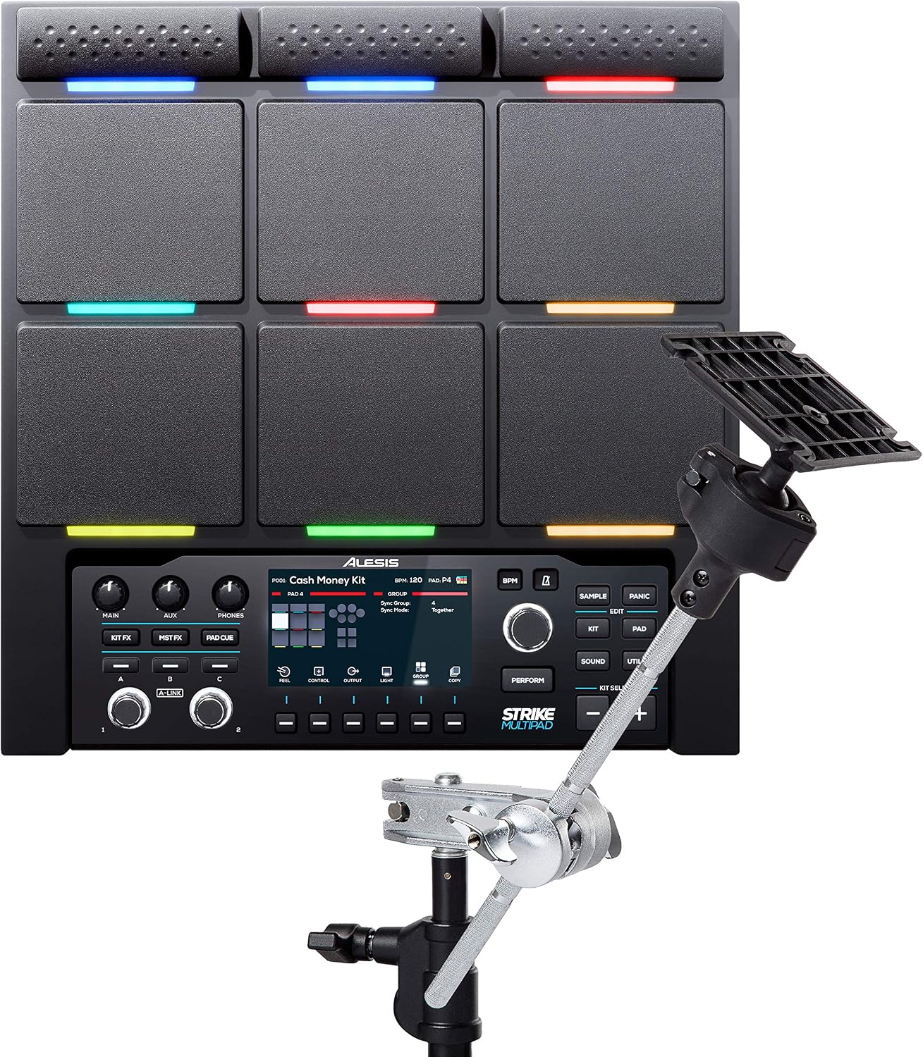 Alesis Strike Multipad - 9-Trigger Percussion Pad with RGB Backlighting, Sample loading via USB Thumb Drives and Radiant 4.3-Inch Display & Multipad Clamp - Universal Percussion Pad Mounting System