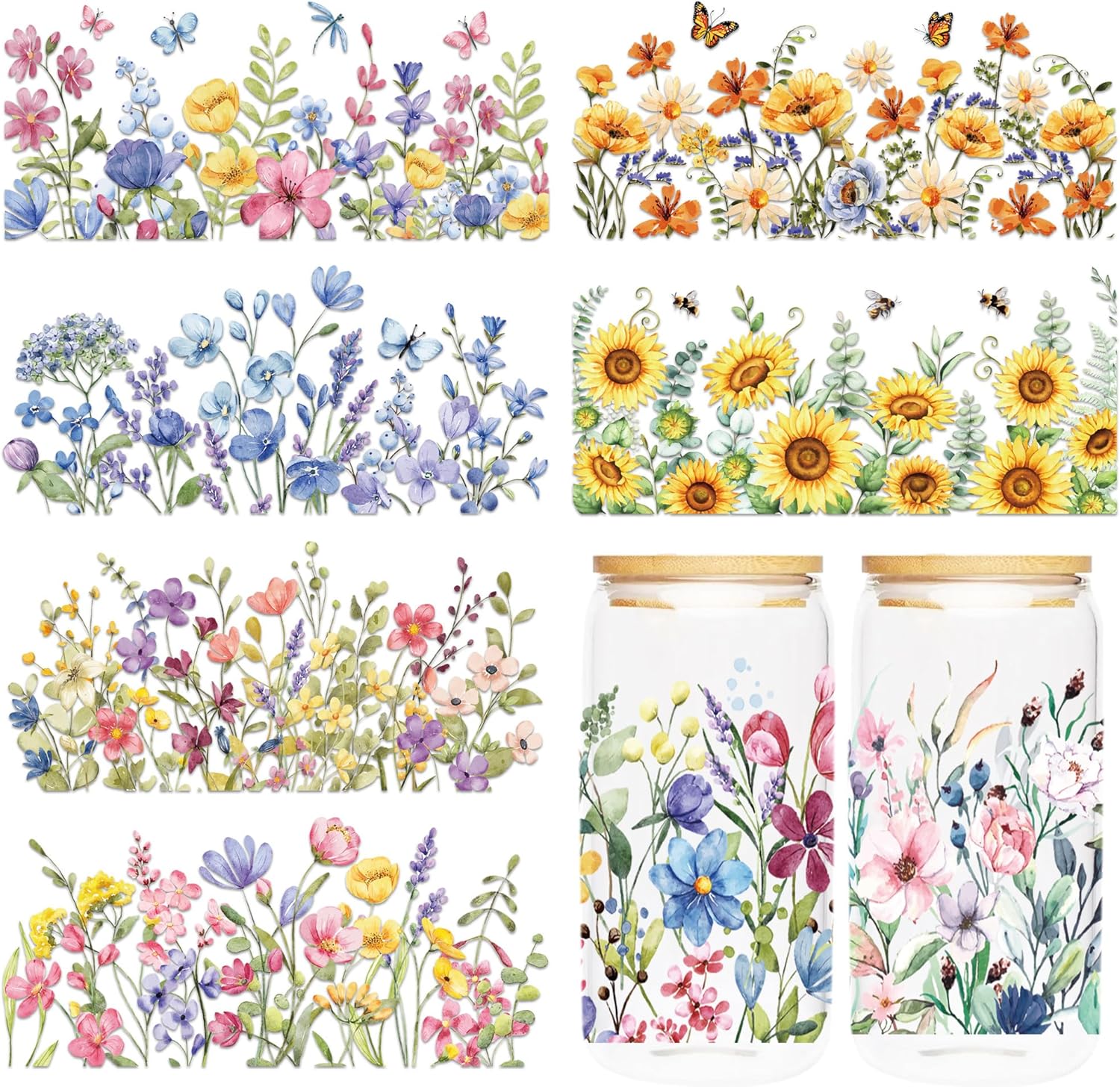 UV DTF Cup Wraps - 8 Sheet Flower UV DTF Transfer Stickers, Sunflower UVDTF Cup Wraps for 16 oz, Floral Waterproof Transfers for Glass, DIY Crafts