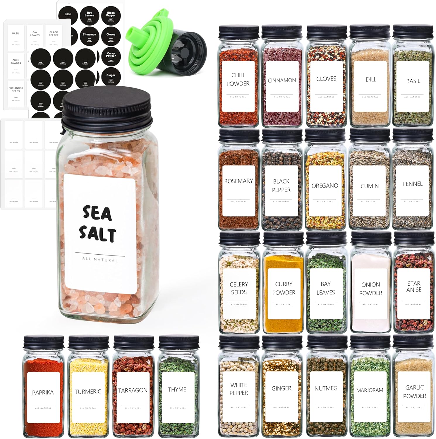 ComSaf 24Pcs 120ml Glass Spice Jars with Shaker Lids and Labels, a Handy Funnel, a Pepper Grinder, Empty Spice Containers and Square Spice Bottles for Kitchen and Seasoning