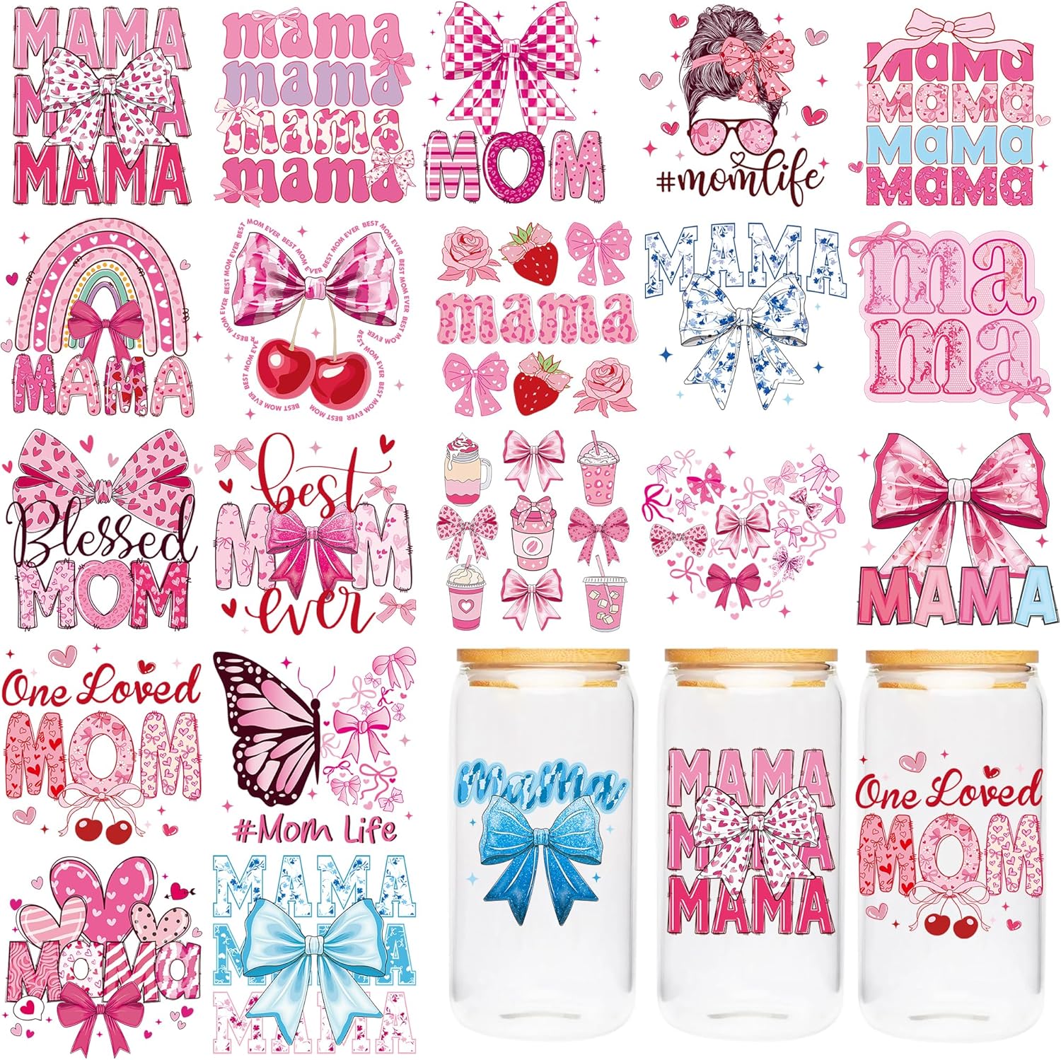 CRASHOT Mom UV DTF Cup Wraps - 20 Sheet Mama UV DTF Transfer Stickers, Pink Bow UVDTF Cup Wraps for Mug Glass, Waterproof Transfer Sticker, Creative DIY Gifts for Mom