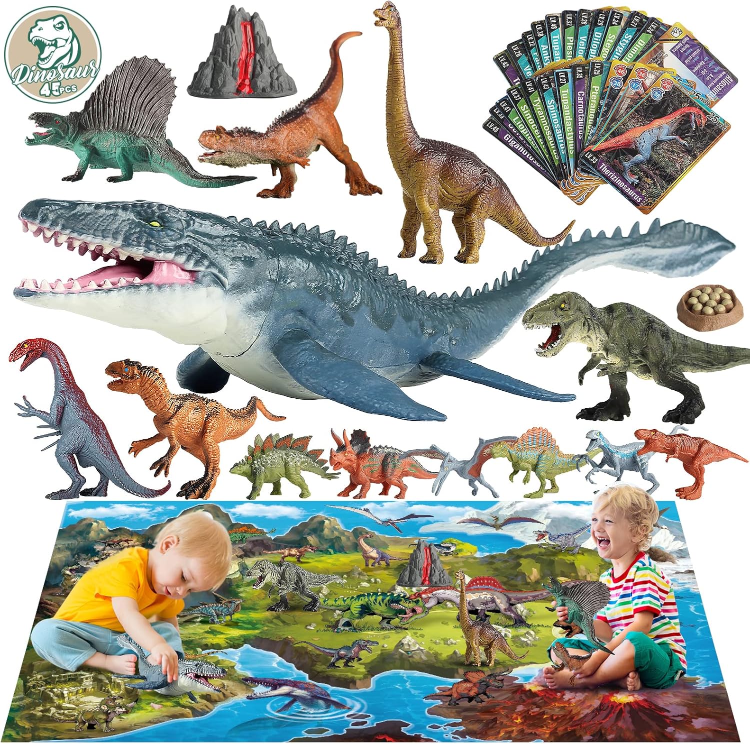 Oriate Dinosaur Toys w/Large Play Mat, Realistic Mosasaurus Figure Playset for Kids Toys 3-5 5-7 Including T-Rex, Spinosaurus, Carnotaurus, 45 Pieces Great Gifts for Boy & Girl to Create a Dino World