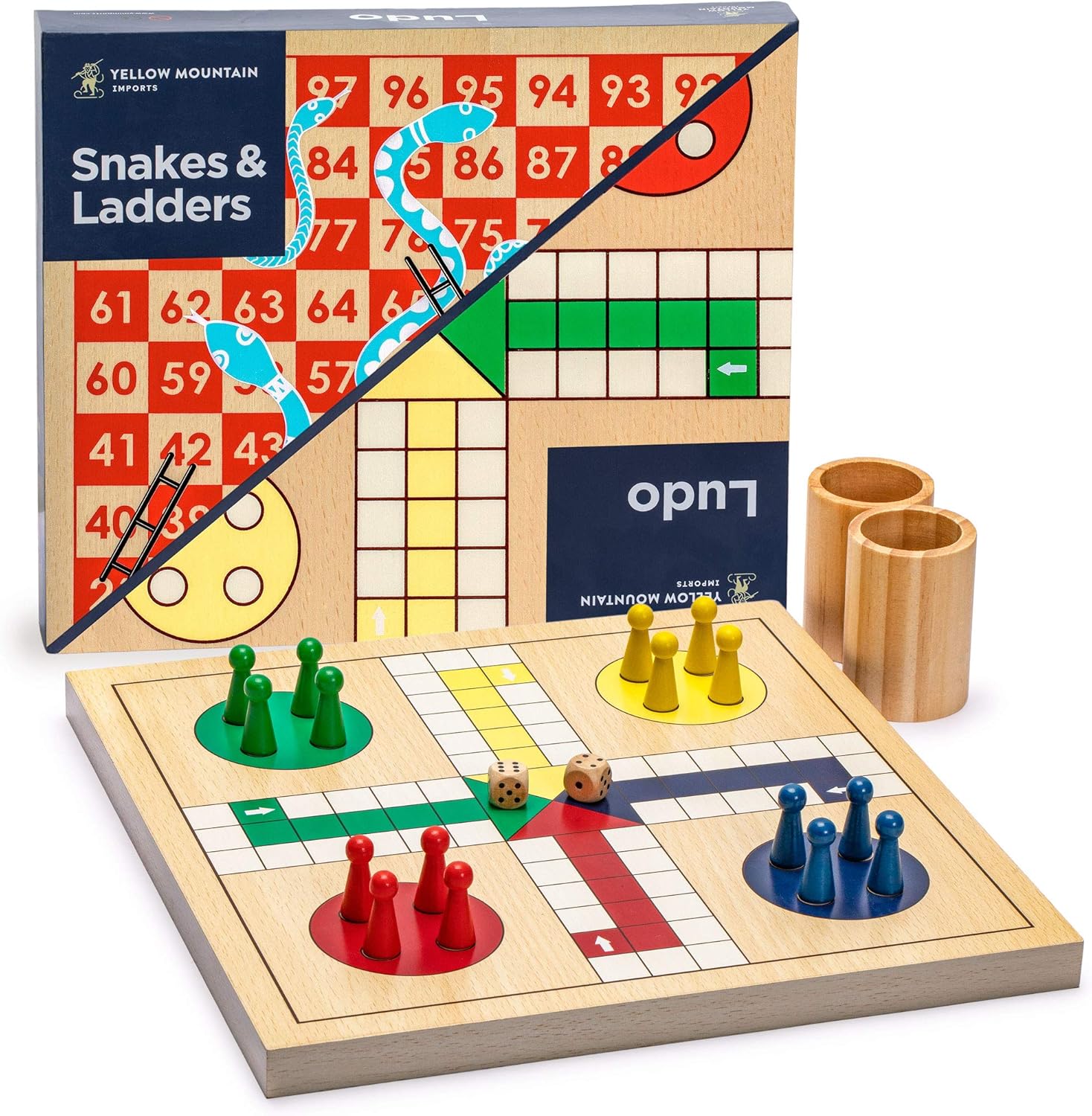 Yellow Mountain Imports 2-in-1 Reversible Wooden Snakes and Ladders, Ludo Game Set - 29 centimeters
