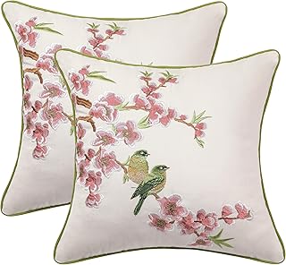 Holibeat Embroidered Pink Flower Birds Throw Pillow Covers 18 * 18 inches Spring Decorative Peach Blossom Pillowcases (Pack of 2) (Pink)