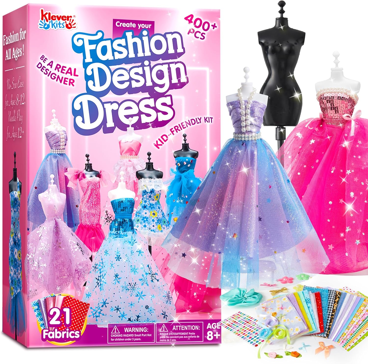 Klever Kits 400+PCS Fashion Design Crafts for Kids Art and Crafts Toy DIY Sewing Crafts with 3 Mannequins for Girls Aged 8-12, Birthday Christmas Presents