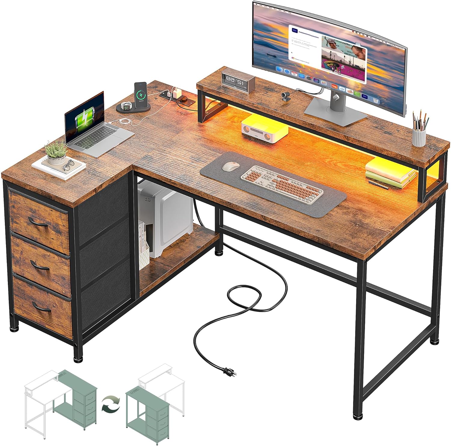 EnHomee L Shaped Computer Desk, 120x80CM Sturdy Gaming Corner Desk with Monitor Stand & LED Lights & Power Outlets, Reversible PC Desk with Fabric Drawers for Home Corner Table & Workstations