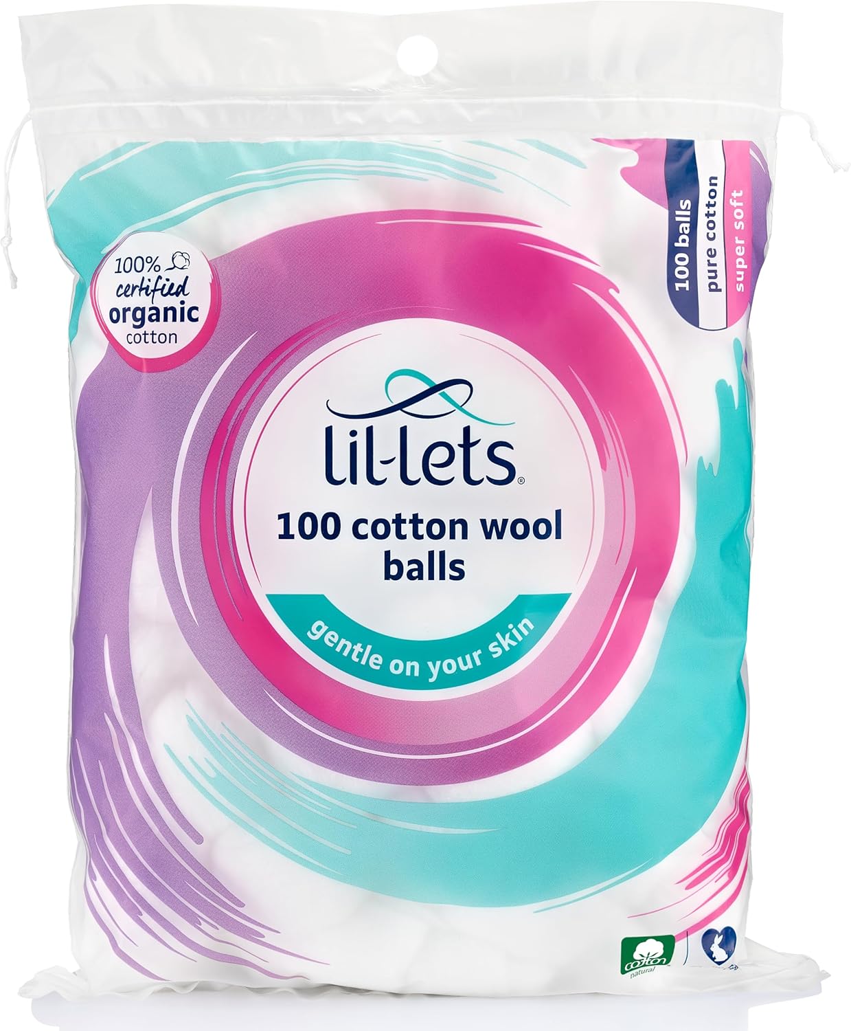 Lil-Lets Cotton Wool Balls, 100 Count, Certified Organic, 100% Pure Cotton Wool, Super Soft, Large Cotton Wool Puffs, Gentle on Skin, Dermatologically Tested