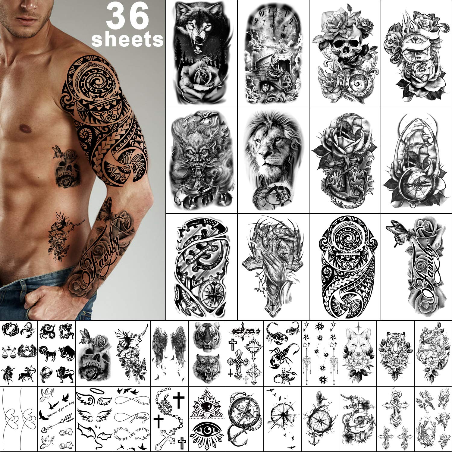 Yazhiji 36 Sheets Temporary Tattoos Stickers, 12 Sheets Fake Body Arm Chest Shoulder Tattoos for Men or Women with 24 Sheets Tiny Black Tattoos