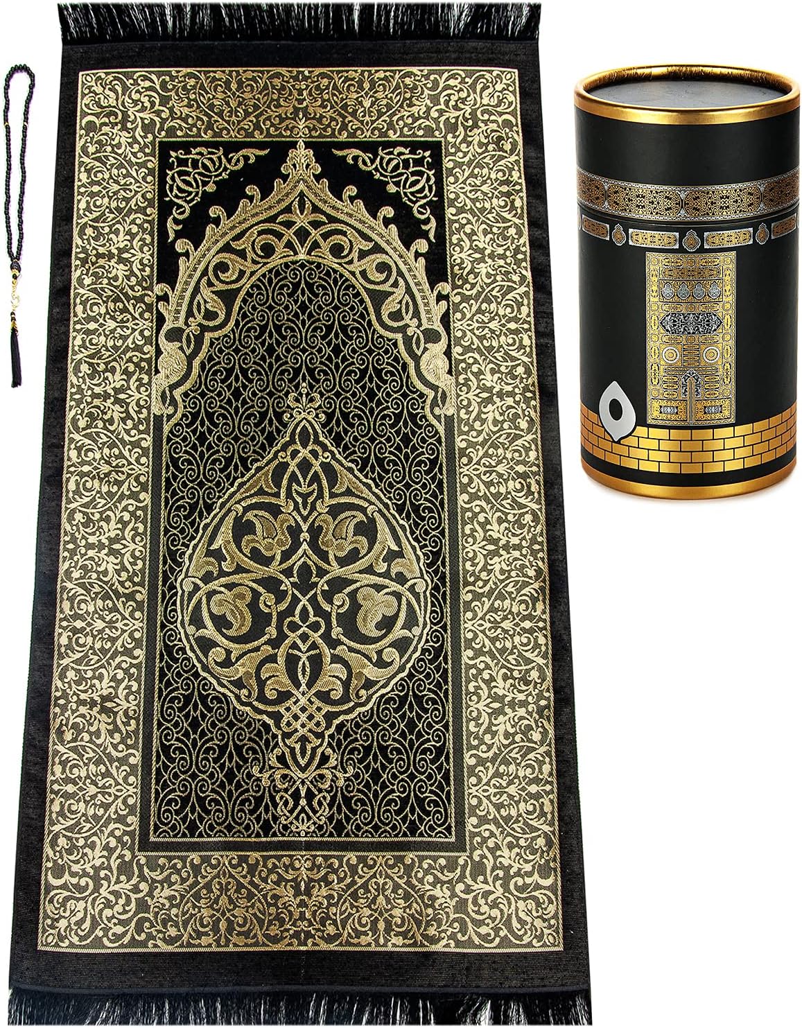 Muslim Prayer Rug and Prayer Beads with Elegant Design Cylinder Gift Box | Janamaz | Sajadah | Soft Islamic Gifts Set | Carpet Mat, Taffeta Fabric, Black