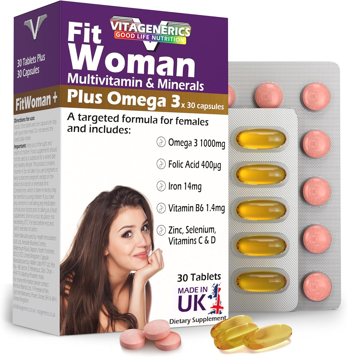 VITAGENERICS FitWoman High Strength Multivitamin & Minerals + Omega 3 | x30 Tablets, x30 Capsules | 1000mg Omega 3, Folic Acid, Iron, Zinc, Selenium, Biotin, Vitamin C, B-Complex. UK Made for Women