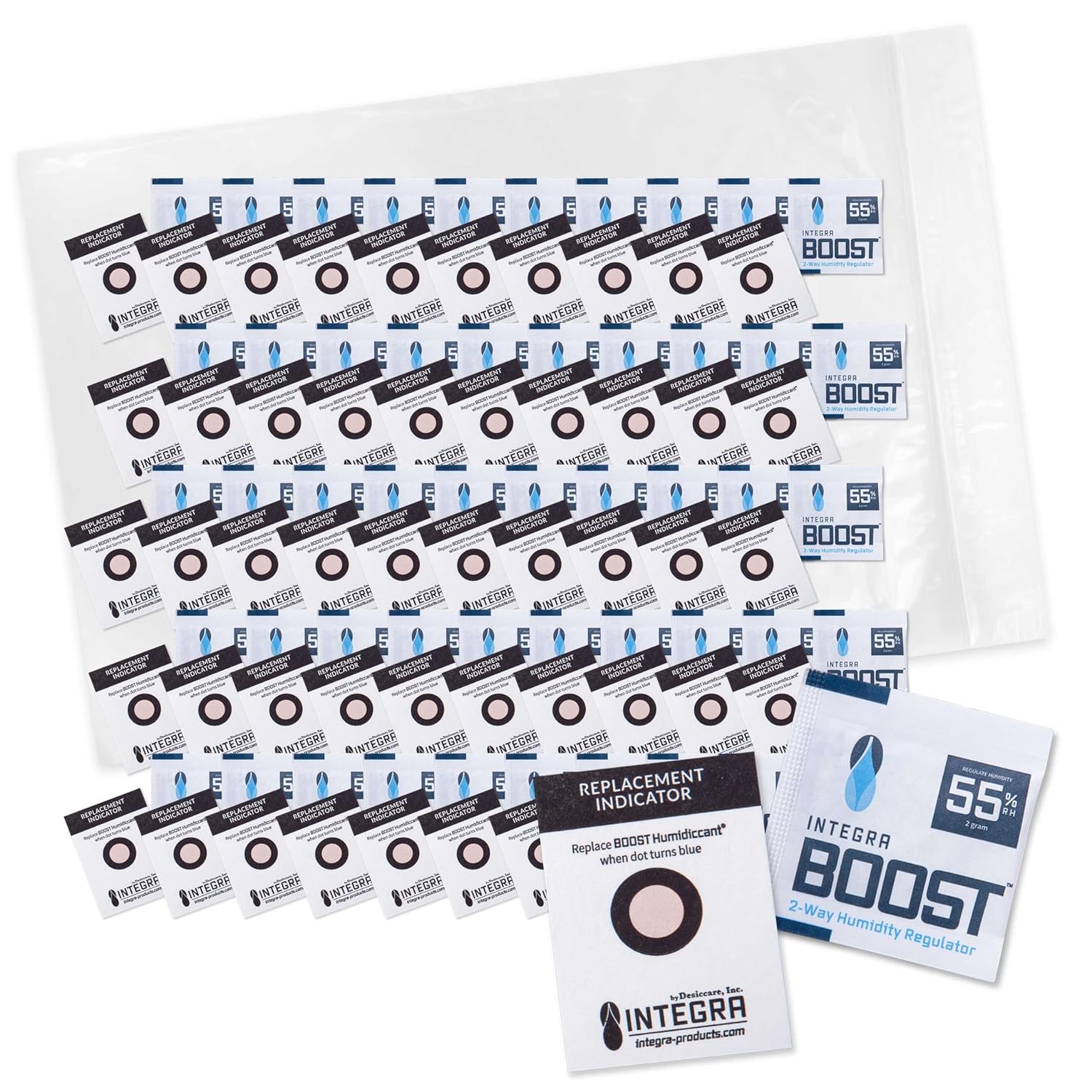 55% RH Level - 2 Gram Size - Two-Way Humidity Control Pack - Includes Humidity Indicator Cards - Humidity Balancer Packet For Packaged Foods & Herbs Storage, Protects 1/4 Oz, (50 pcs)