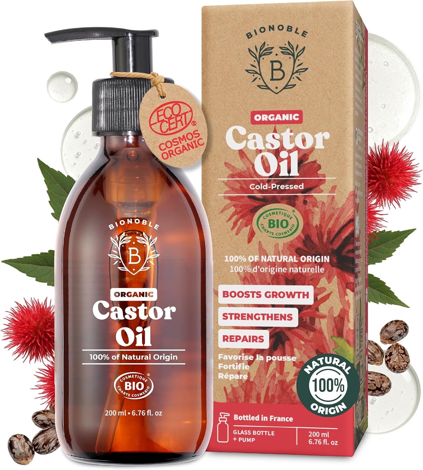 BIONOBLE Castor Oil Organic and Cold Pressed - Glass Bottle and Pump - Vegan and Hexane Free Organic Castor Oil - Hair Growth Oil, Lash Serum, Beard Oil - 200ml